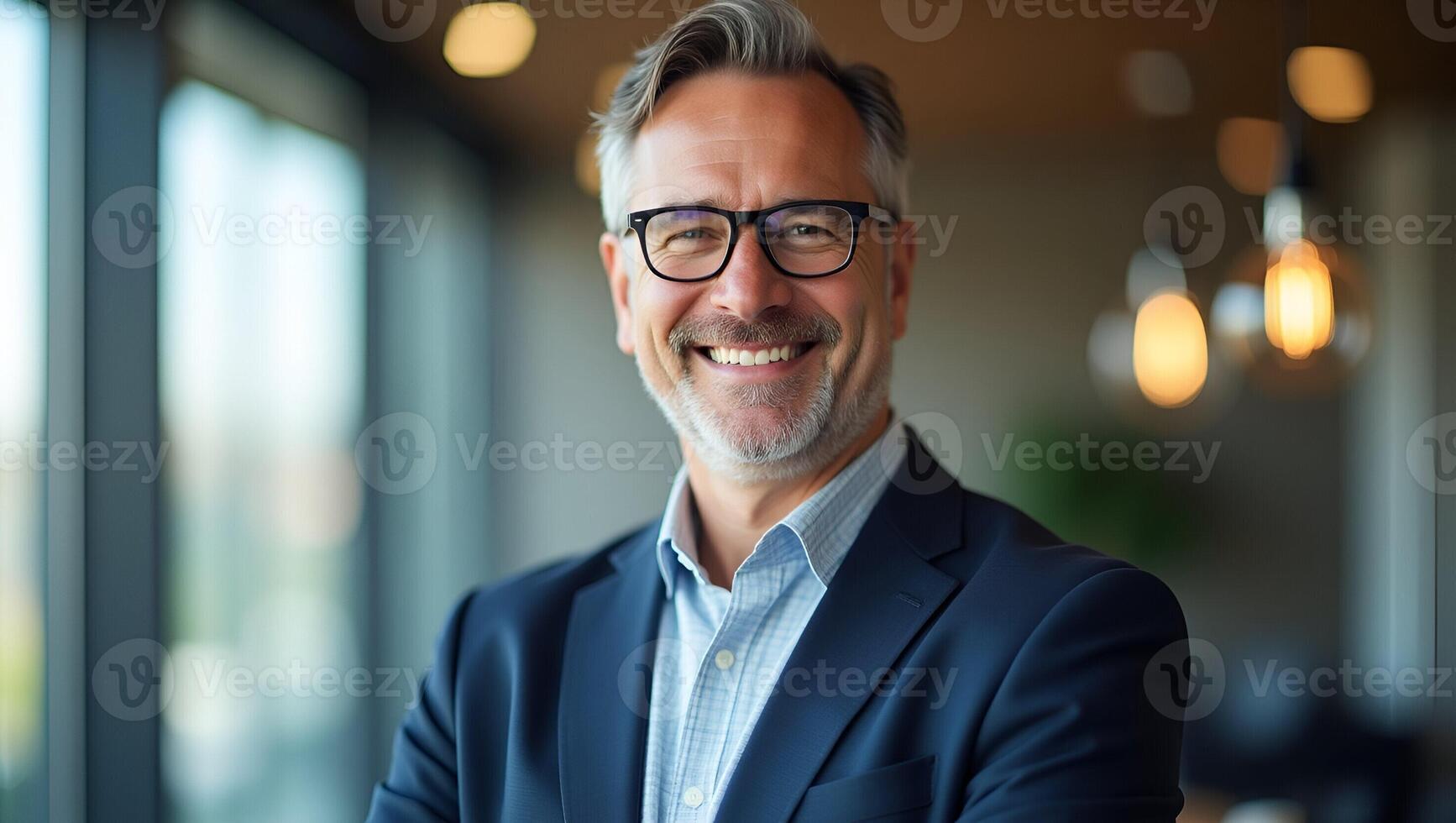 Confident smiling middle aged businessman executive and manager stands in office wearing glasses poses for headshot close up portrait showcasing professionalism and maturity concep Realistic Set photo