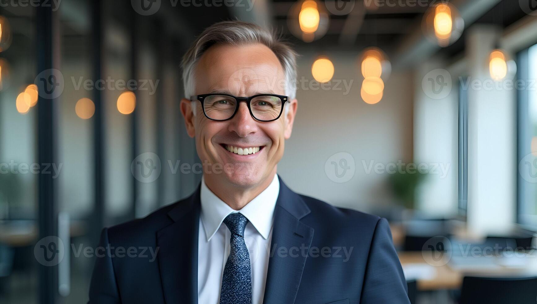 Confident smiling middle aged businessman executive and manager stands in office wearing glasses poses for headshot close up portrait showcasing professionalism and maturity concep Realistic Set 3 photo
