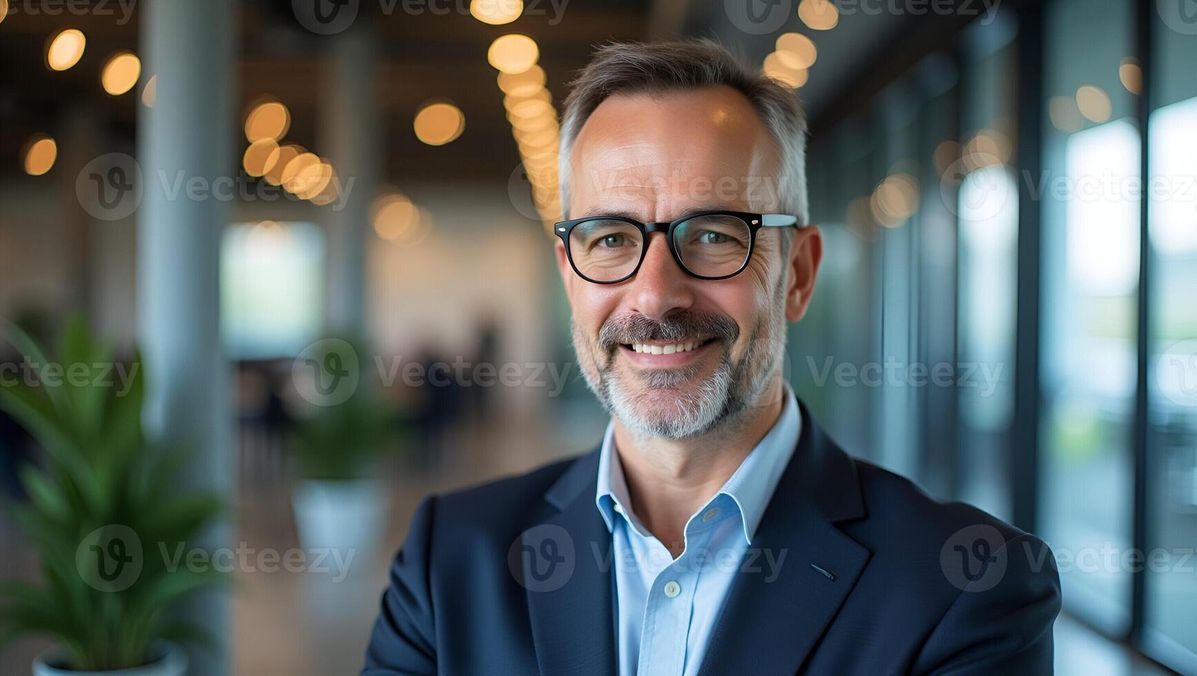 Confident Middle Aged Businessman Executive in Glasses Professional Headshot Portrait Showcasing Maturity and Leadership in Office Setting with Empty Space for Text Realistic Set photo