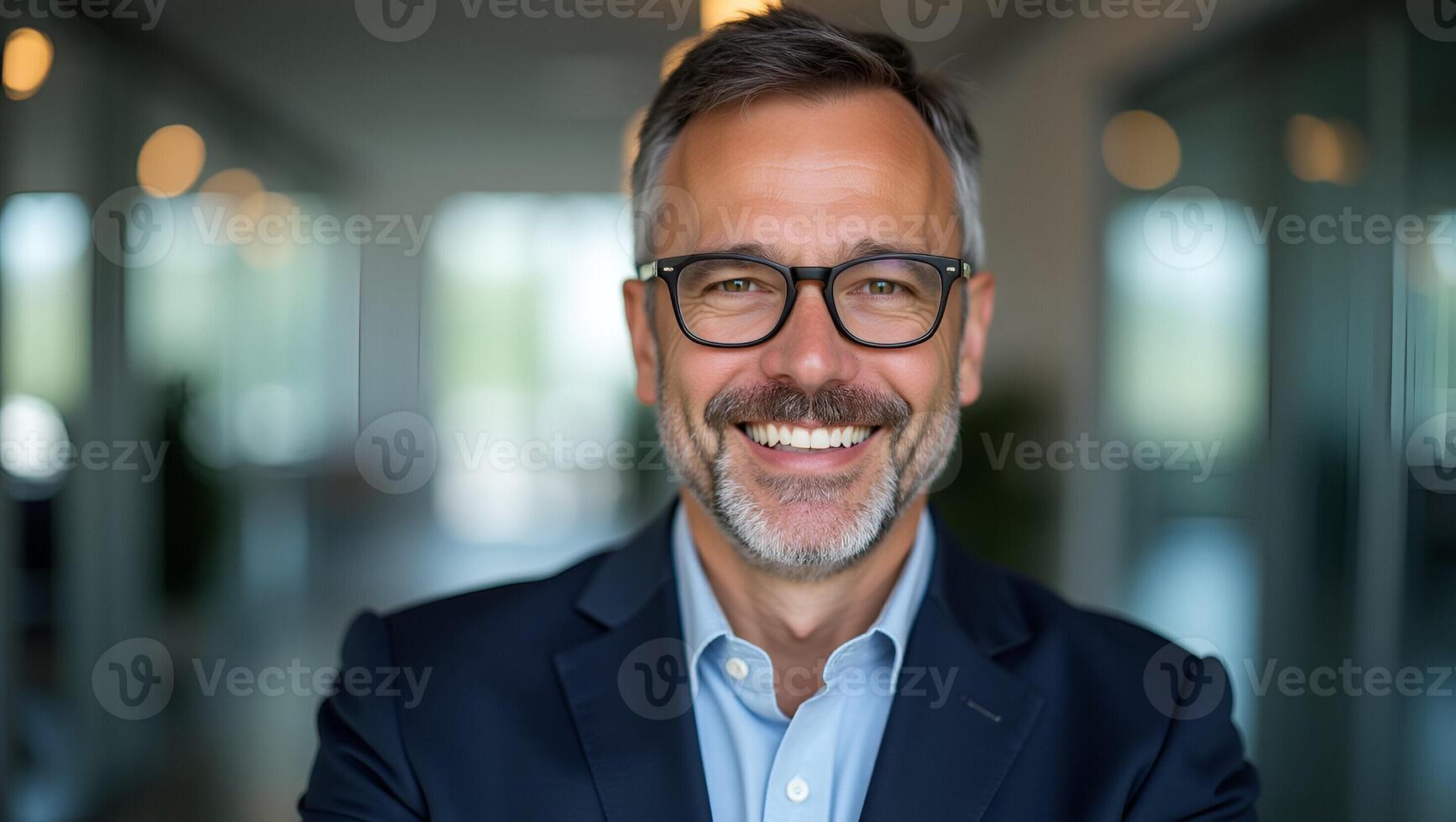 Confident Middle Aged Businessman Executive in Glasses Professional Headshot Portrait Showcasing Maturity and Leadership in Office Setting with Empty Space for Text Realistic Set 2 photo