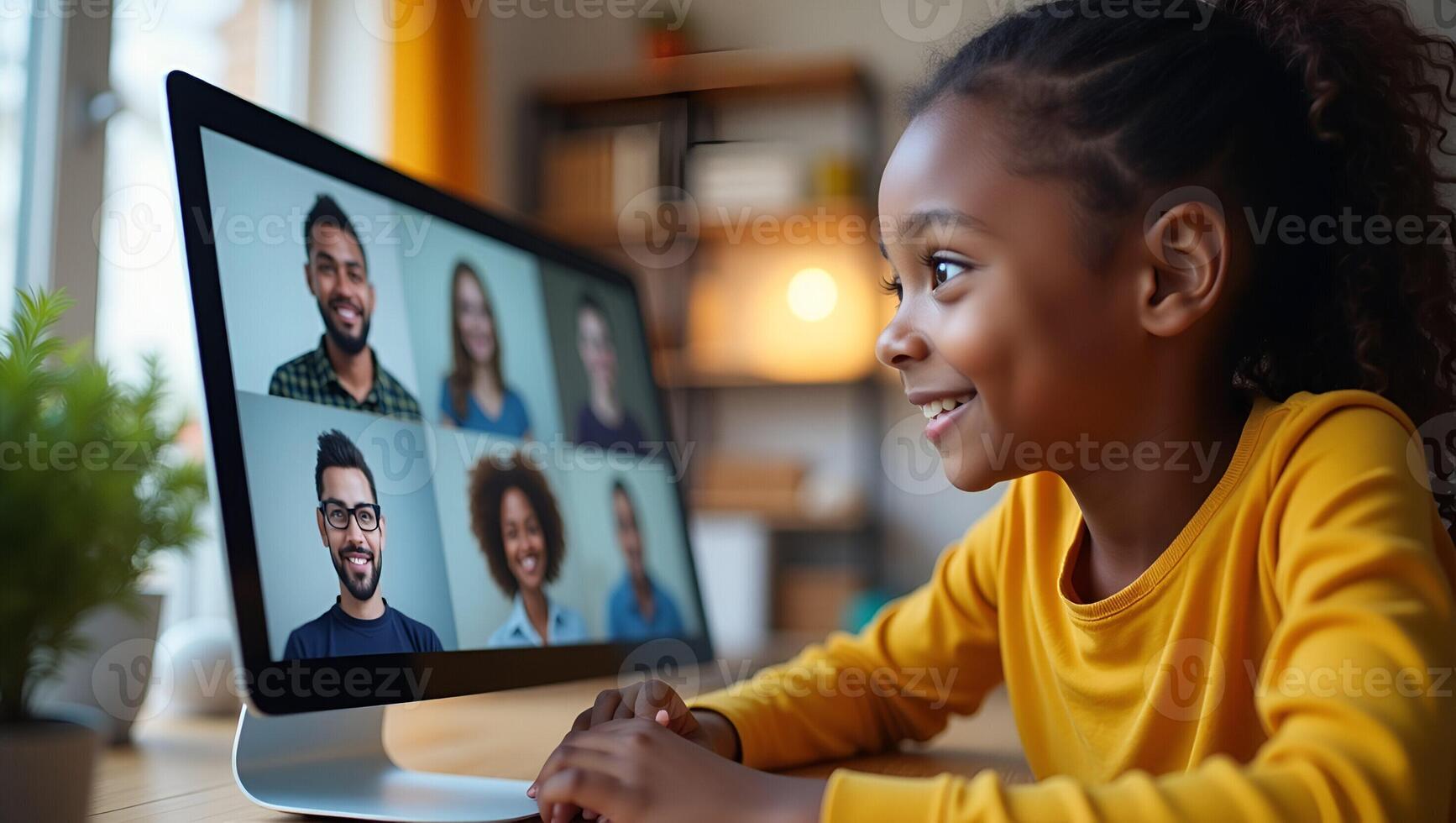 Cute African girl participates in distance learning via virtual online class conference call with teacher tutor and peers studying together at home on computer concept as Cut Realistic Set photo