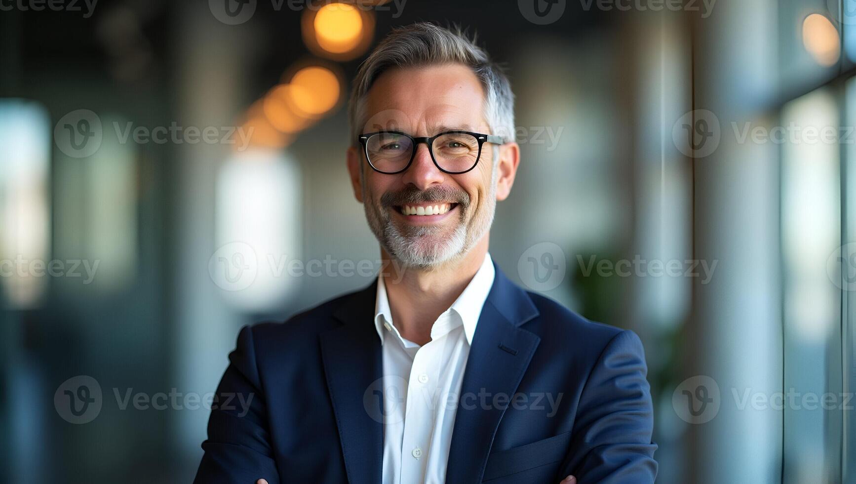 Confident smiling middle aged businessman executive and manager stands in office wearing glasses poses for headshot close up portrait showcasing professionalism and maturity concep Realistic Set 4 photo