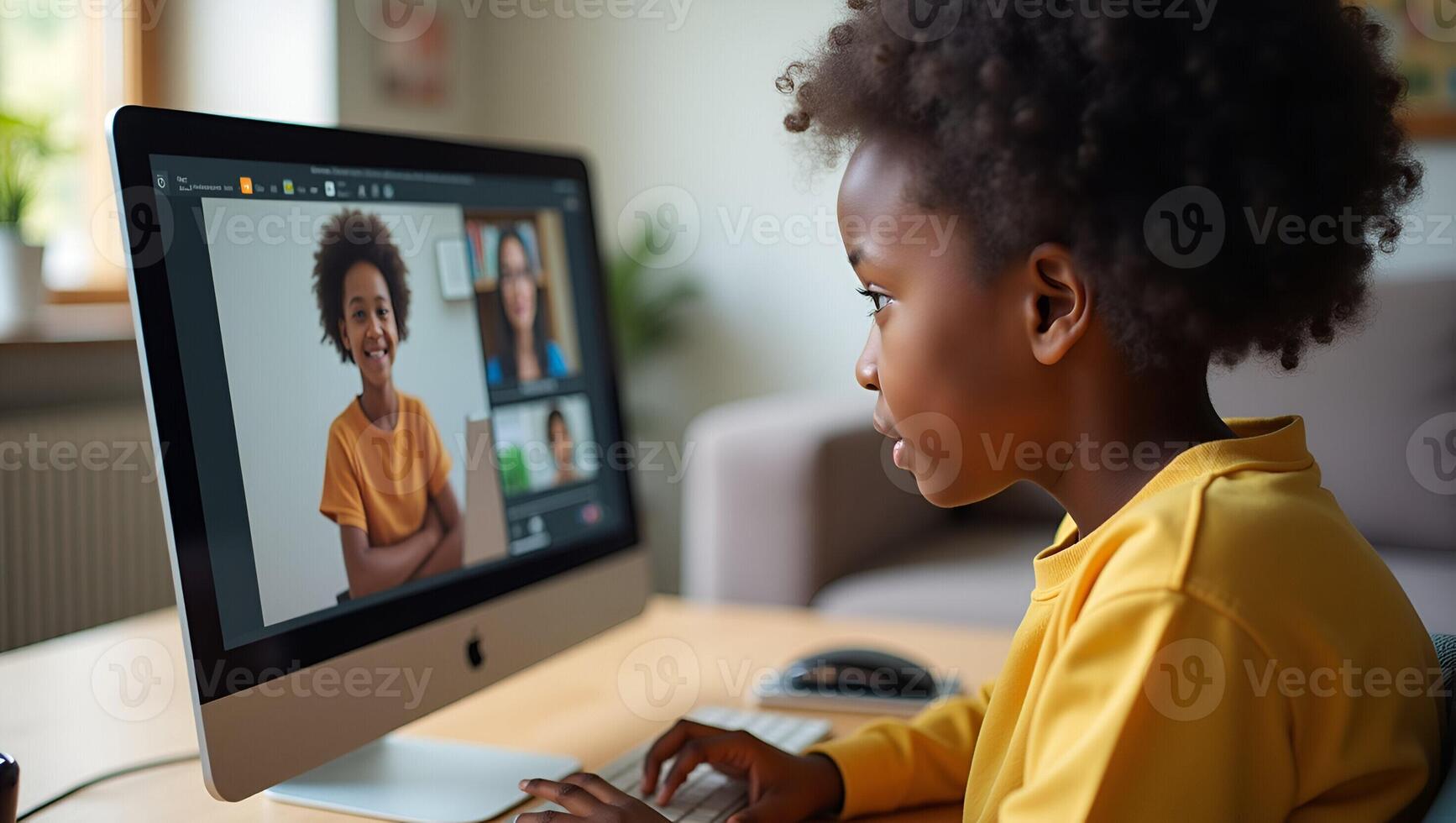 Cute African girl participates in distance learning via virtual online class conference call with teacher tutor and peers studying together at home on computer concept as Cut Realistic Set 4 photo