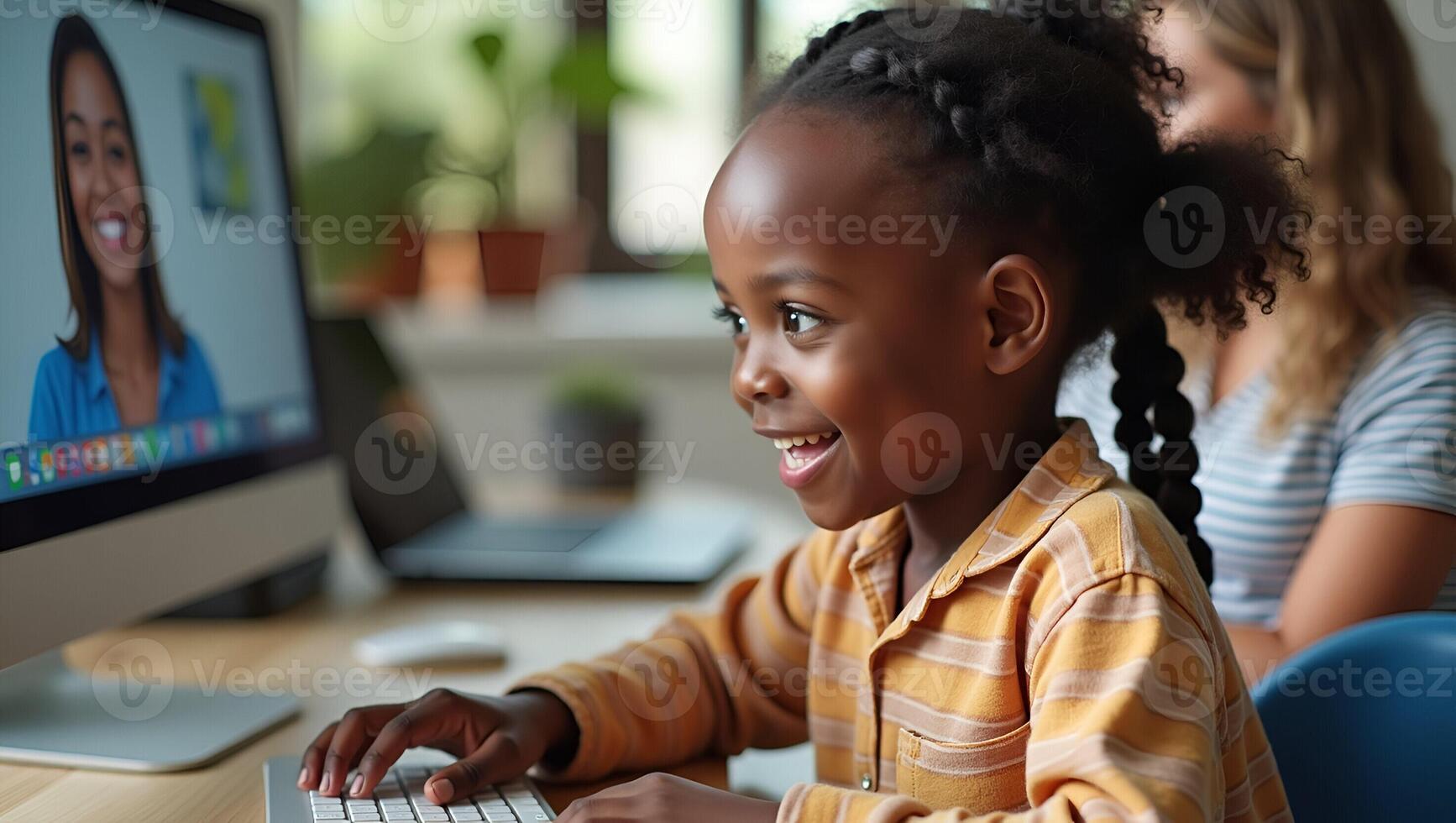 Cute African Girl Engaged in Distance Learning Virtual Online Class Conference with Teacher and Peers Stock Photo Concept with Empty Space for Text Realistic Set