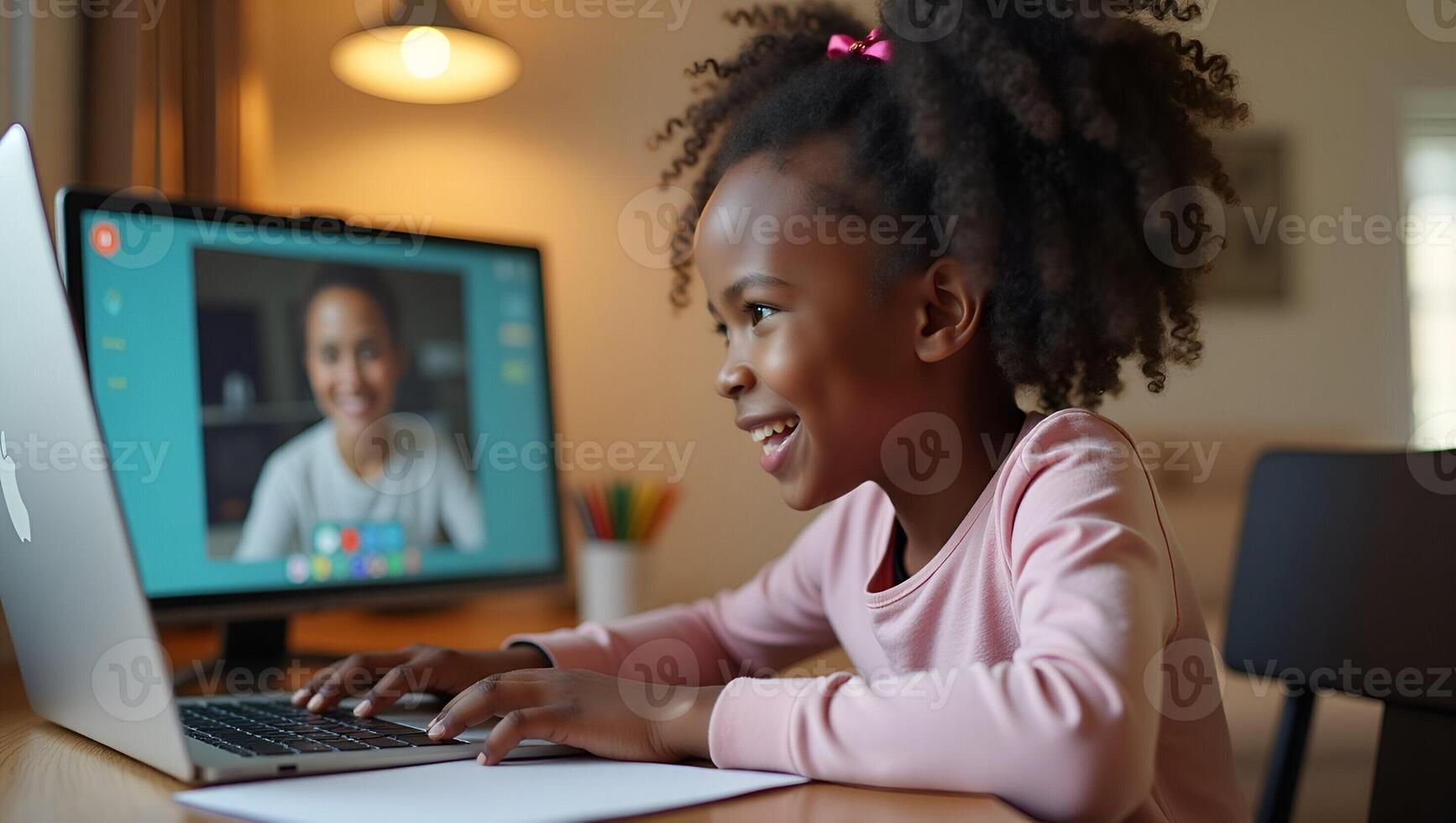 Cute African girl participates in distance learning via virtual online class conference call with teacher tutor and peers studying together at home on computer concept as Cut Realistic Set 3 photo