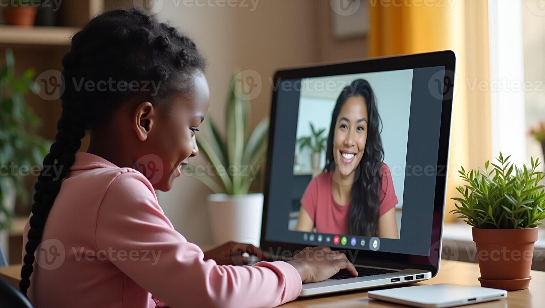 Cute African Girl Engaged in Distance Learning Virtual Online Class Conference with Teacher and Peers Stock Photo Concept with Empty Space for Text Realistic Set 2