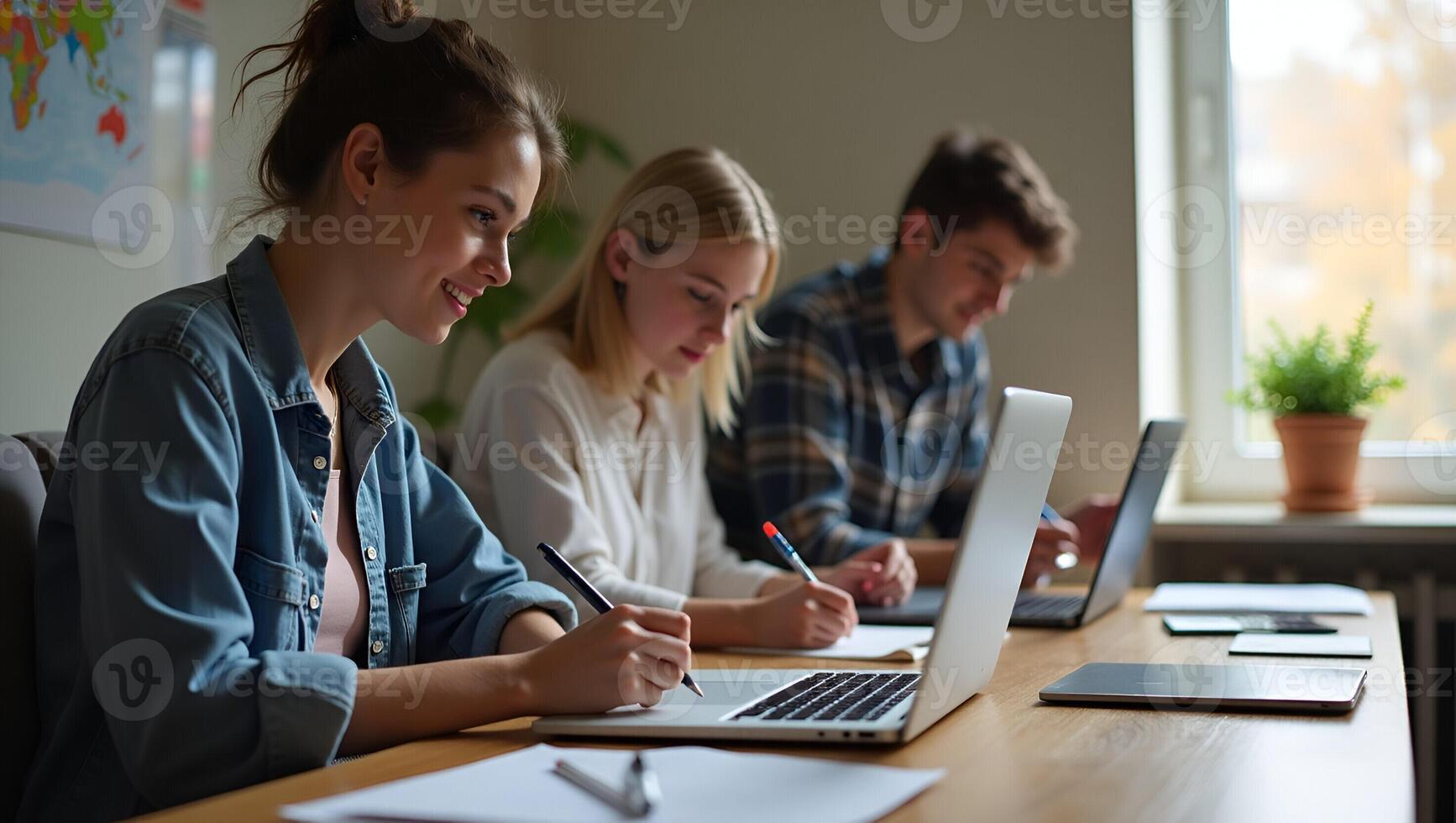 Young Female Student Engages in E Learning and Remote Work at Home Office Laptop Use for Webinars Online Training and Digital Education with Note Taking at Table Stock Photo C Realistic Set