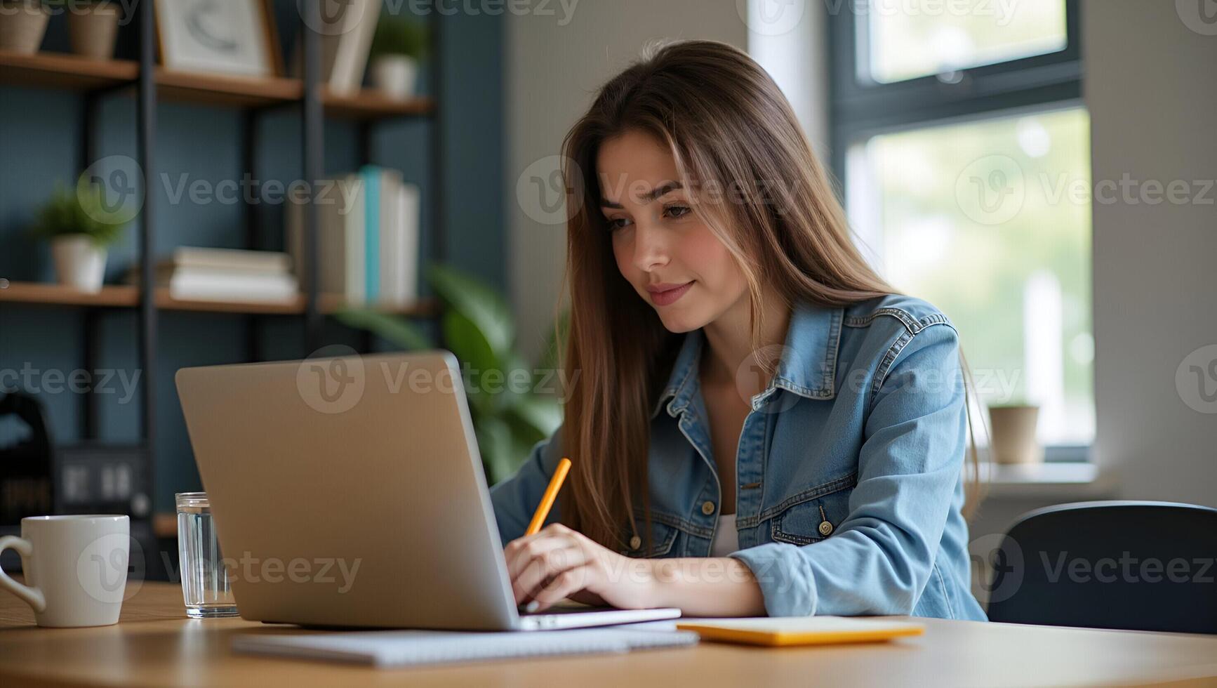 Young female student engages in e learning or remote work at home office using laptop for webinars online training digital education sits at table writing notes concept as Young fe Realistic Set photo