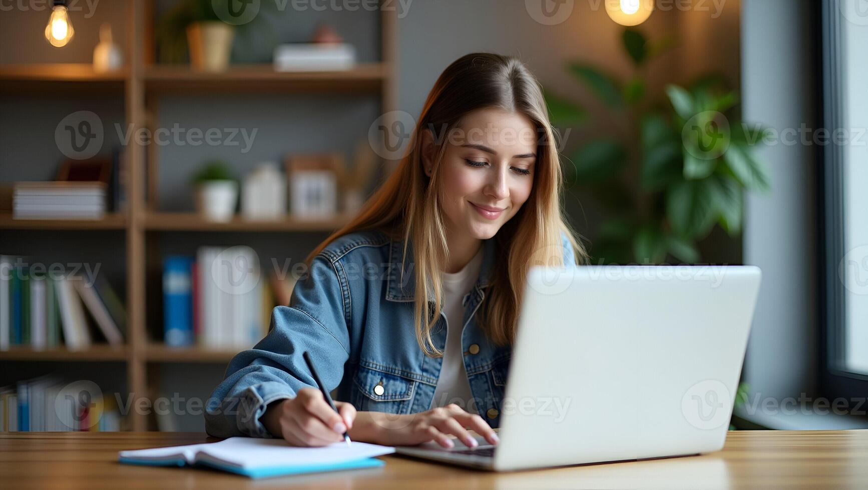 Young female student engages in e learning or remote work at home office using laptop for webinars online training digital education sits at table writing notes concept as Young fe Realistic Set 3 photo