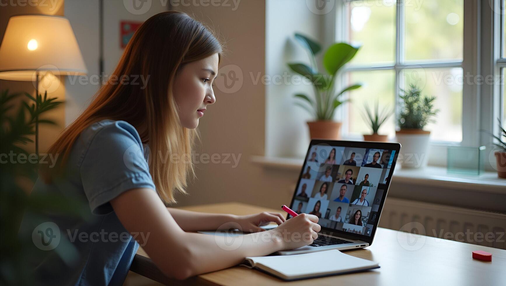 Young female student engages in e learning or remote work at home office using laptop for webinars online training digital education sits at table writing notes concept as Young fe Realistic Set 5 photo