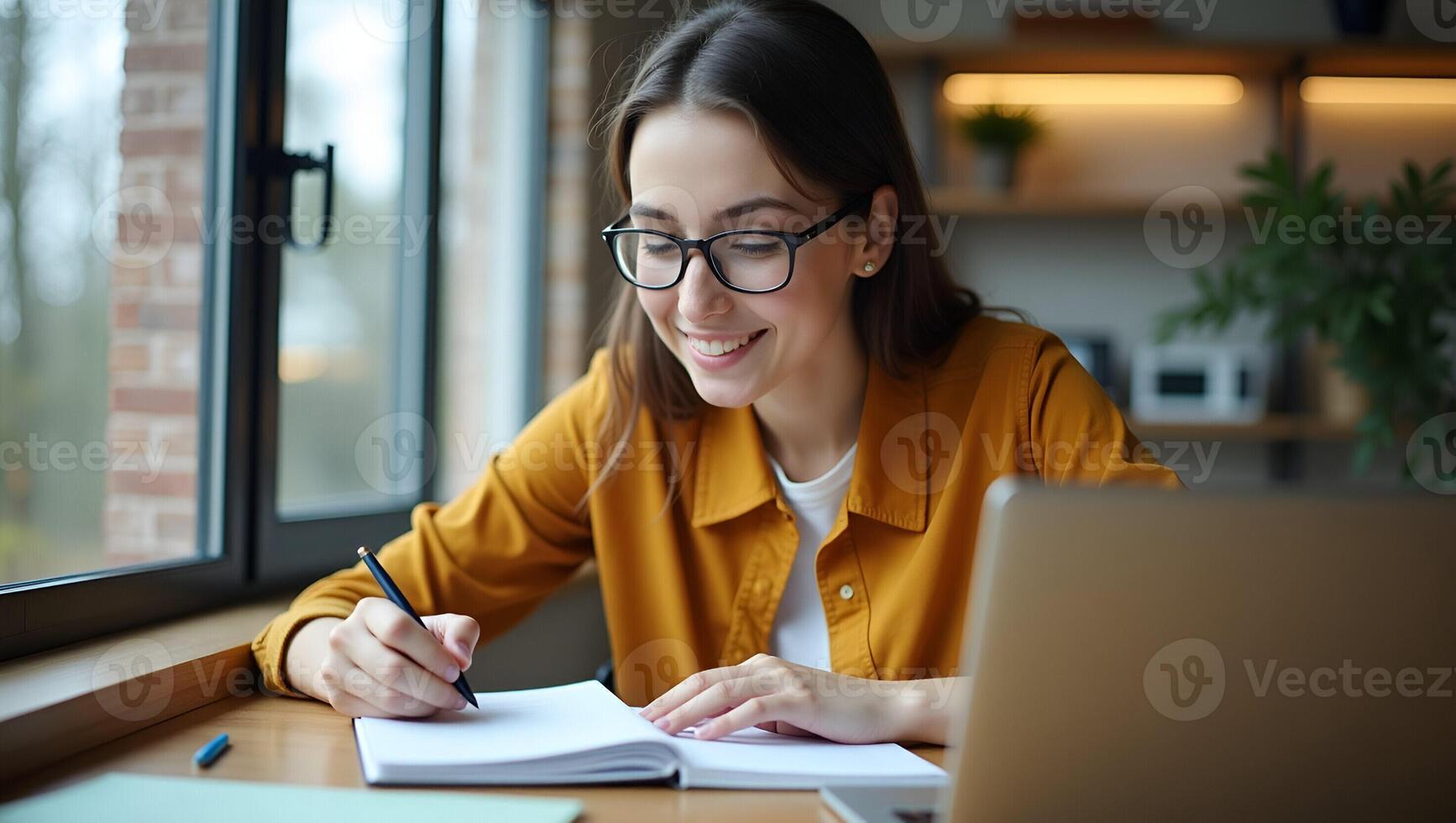 Young female student engages in e learning or remote work at home office using laptop for webinars online training digital education sits at table writing notes concept as Young fe Realistic Set 6 photo