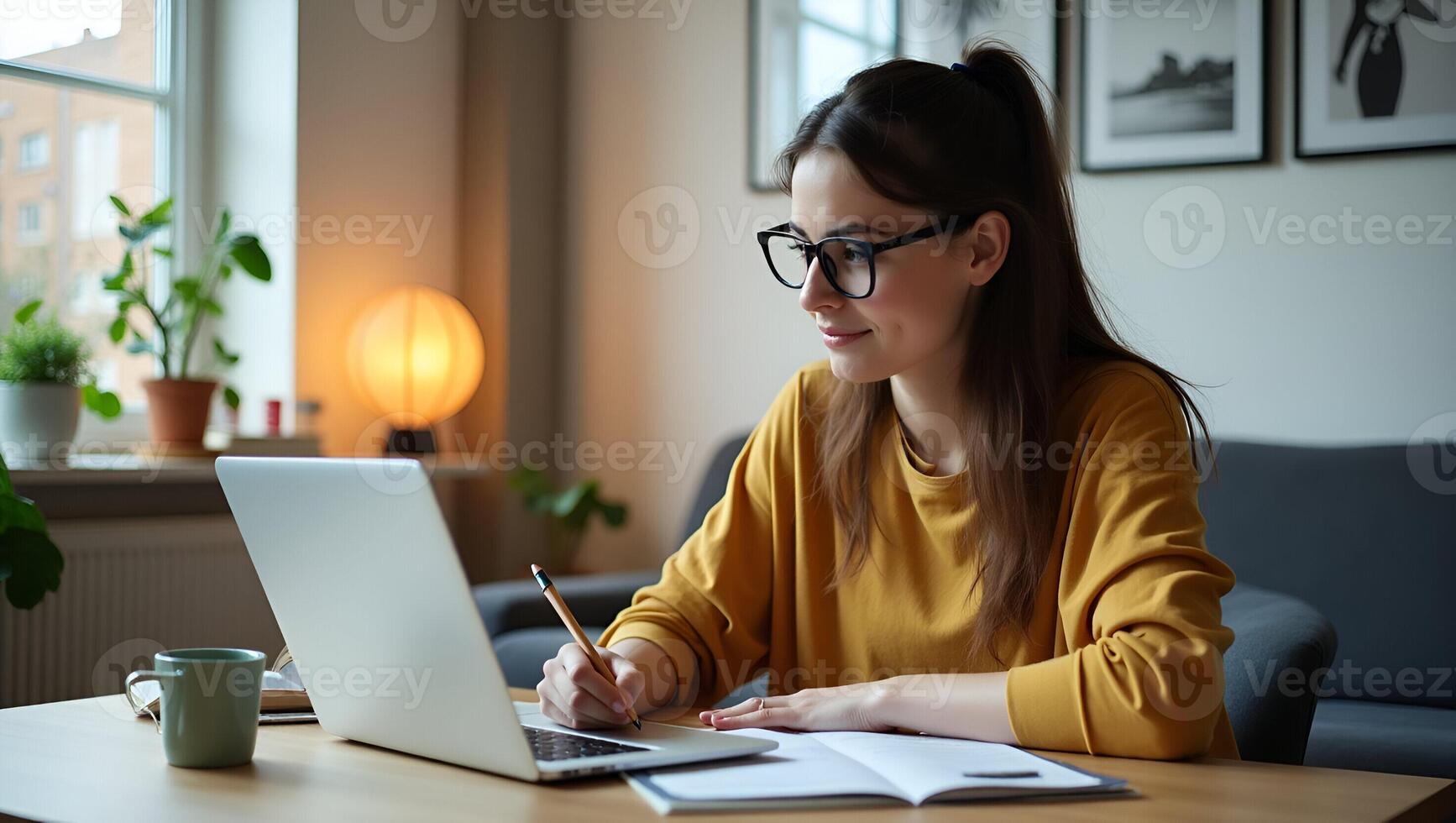 Young female student engages in e learning or remote work at home office using laptop for webinars online training digital education sits at table writing notes concept as Young fe Realistic Set 7 photo
