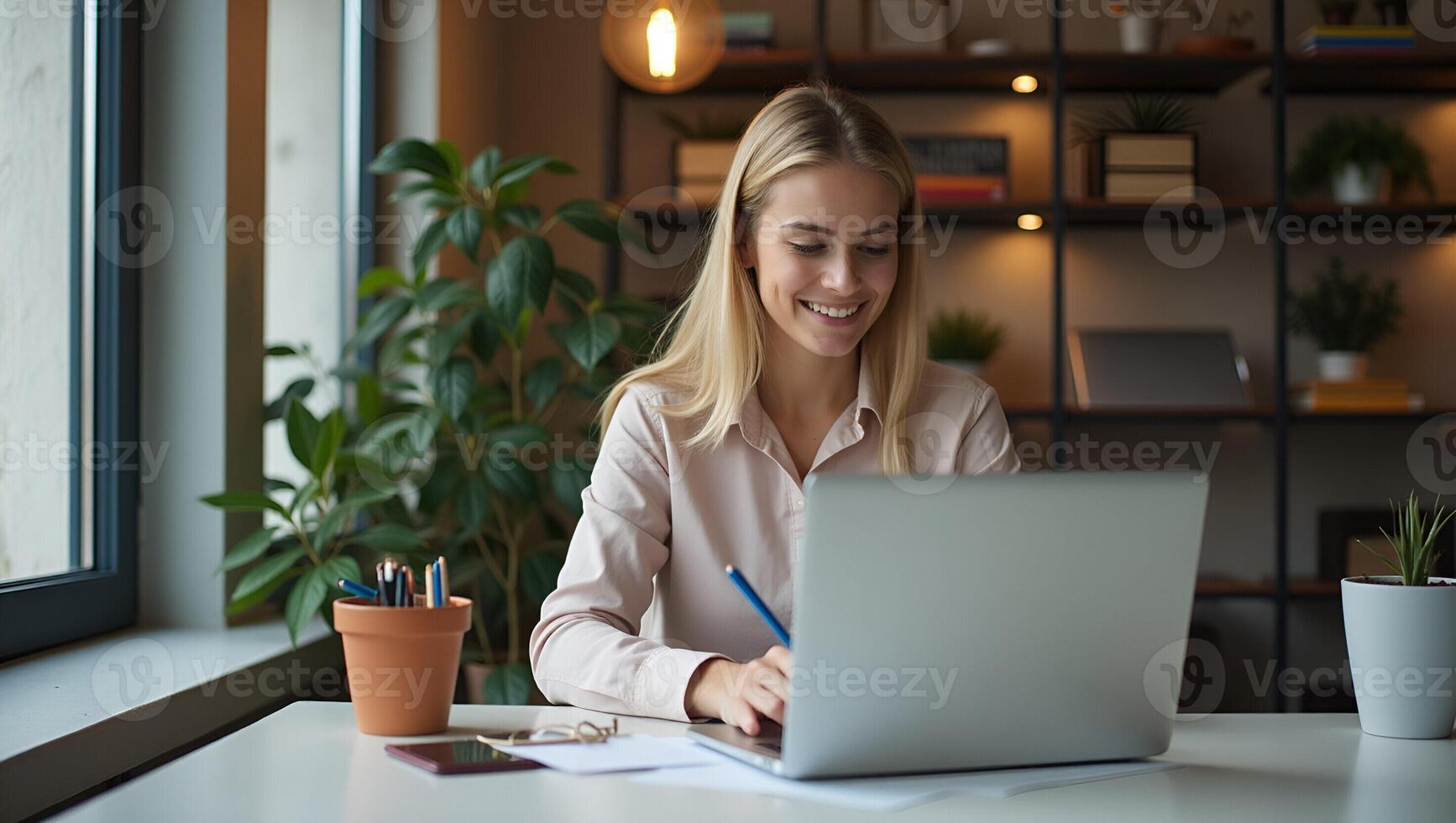 Young female student engages in e learning or remote work at home office using laptop for webinars online training digital education sits at table writing notes concept as Young fe Realistic Set 8 photo