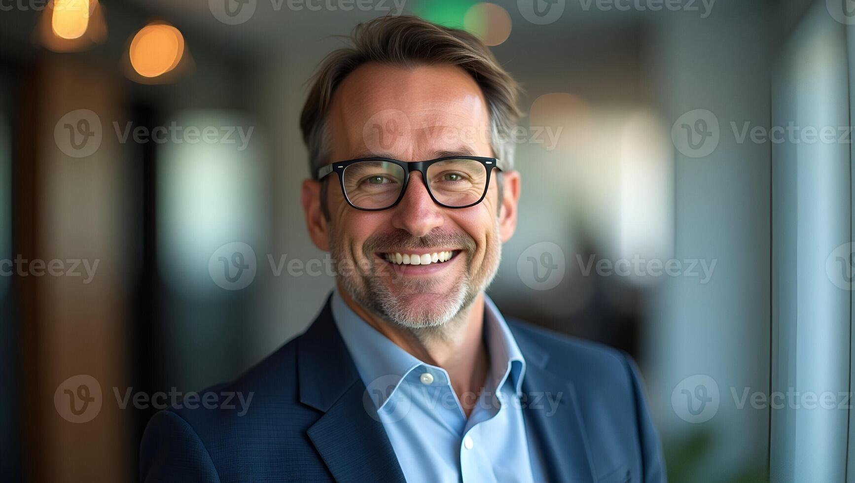 Confident middle aged businessman executive and manager stands in office wearing glasses poses for headshot close up portrait showcasing professionalism and maturity concept as Con Realistic Set 2 photo