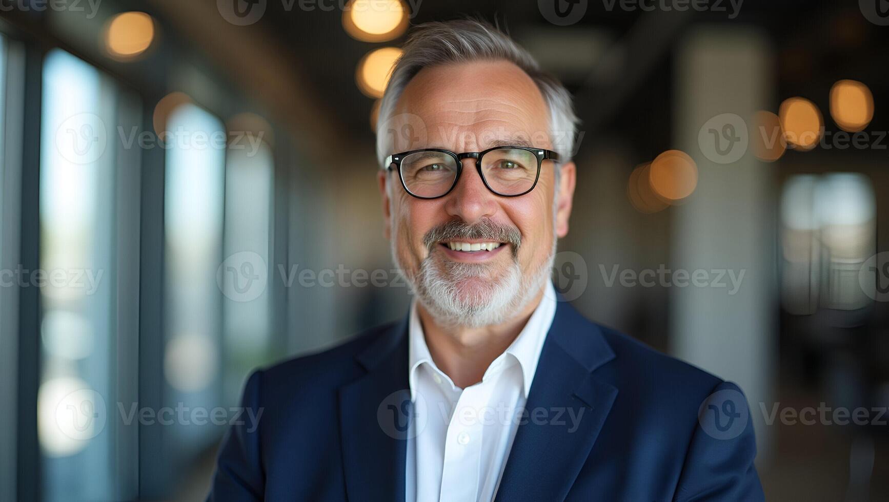 Confident middle aged businessman executive and manager stands in office wearing glasses poses for headshot close up portrait showcasing professionalism and maturity concept as Con Realistic Set 6 photo