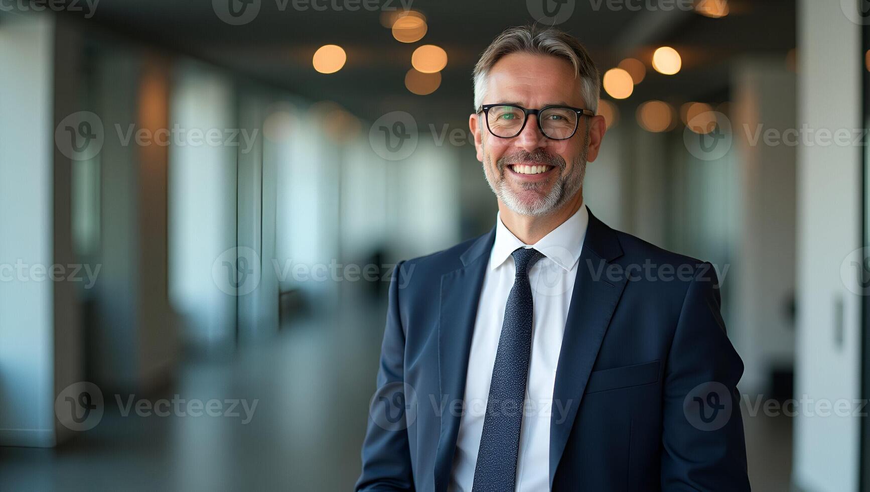 Confident middle aged businessman executive and manager stands in office wearing glasses poses for headshot close up portrait showcasing professionalism and maturity concept as Con Realistic Set 4 photo