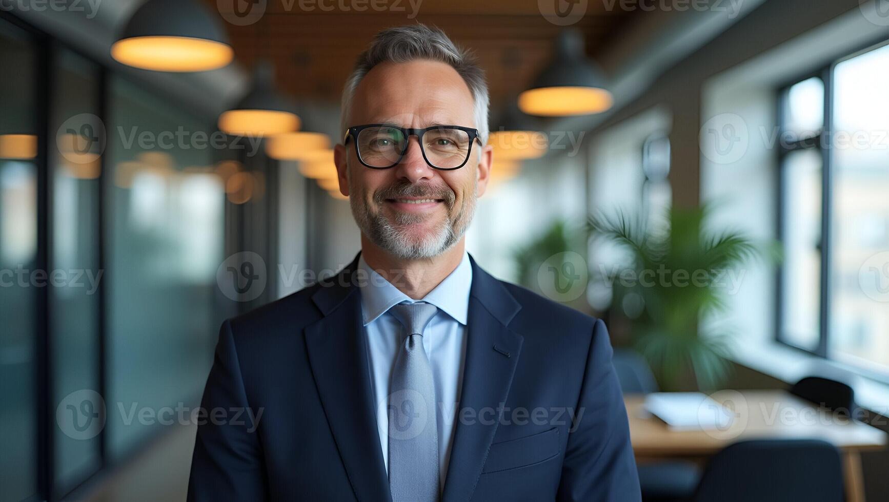 Confident middle aged businessman executive and manager stands in office wearing glasses poses for headshot close up portrait showcasing professionalism and maturity concept as Con Realistic Set 3 photo