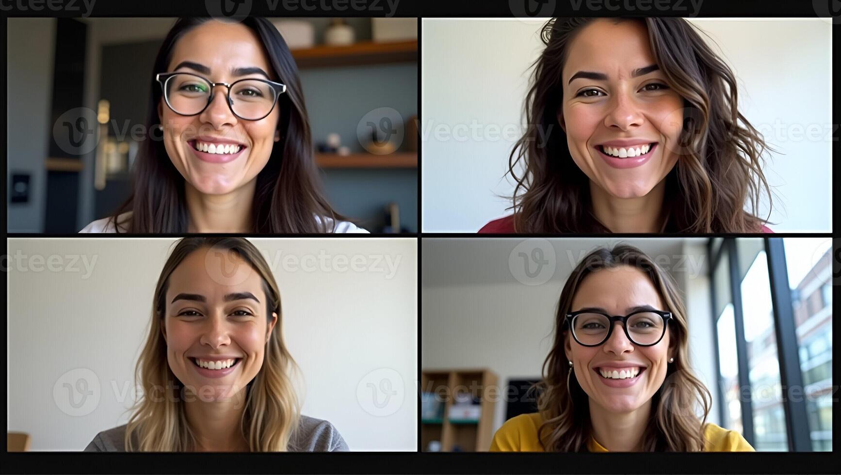 Four Happy Multicultural Friends Enjoying a Virtual Call A Diverse Group of Young Women Connecting Online During Social Distancing Stock Photo Concept with Empty Space for Realistic Set