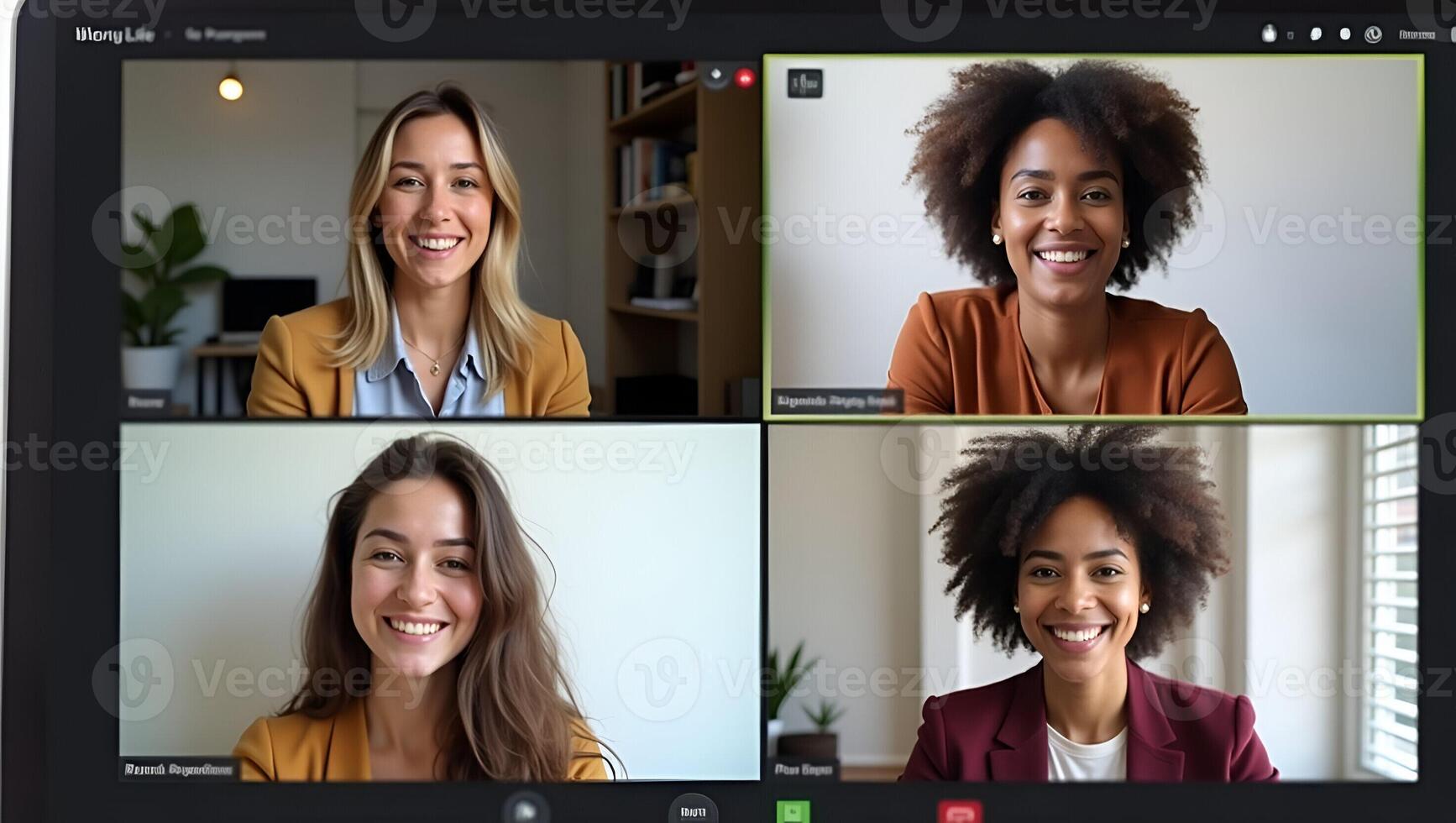 Four happy multicultural diverse friends young women talk during online virtual chat call in group conference social distance chat virtual meeting Computer videocall app mon Realistic Set 5 photo