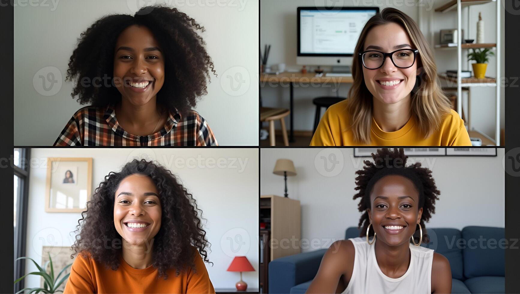 Four Happy Multicultural Friends Enjoying a Virtual Call Social Distance Chat and Connection Through Online Conferencing Stock Photo Concept with Empty Space Realistic Set