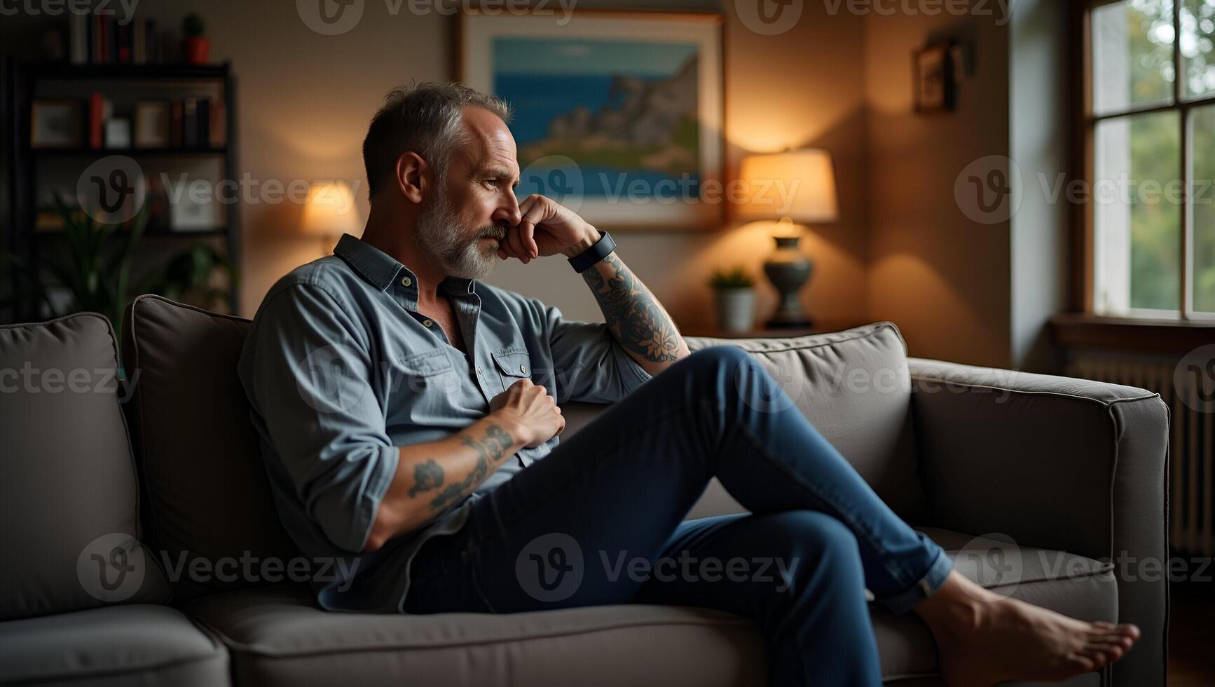 Dreamy Relaxed Mature Tattooed Hipster Man Reflecting at Home Stylish Mid Aged Bearded Guy Sitting on Couch in Pensive Calm Mood Stock Photo Concept with Empty Space Realistic Set
