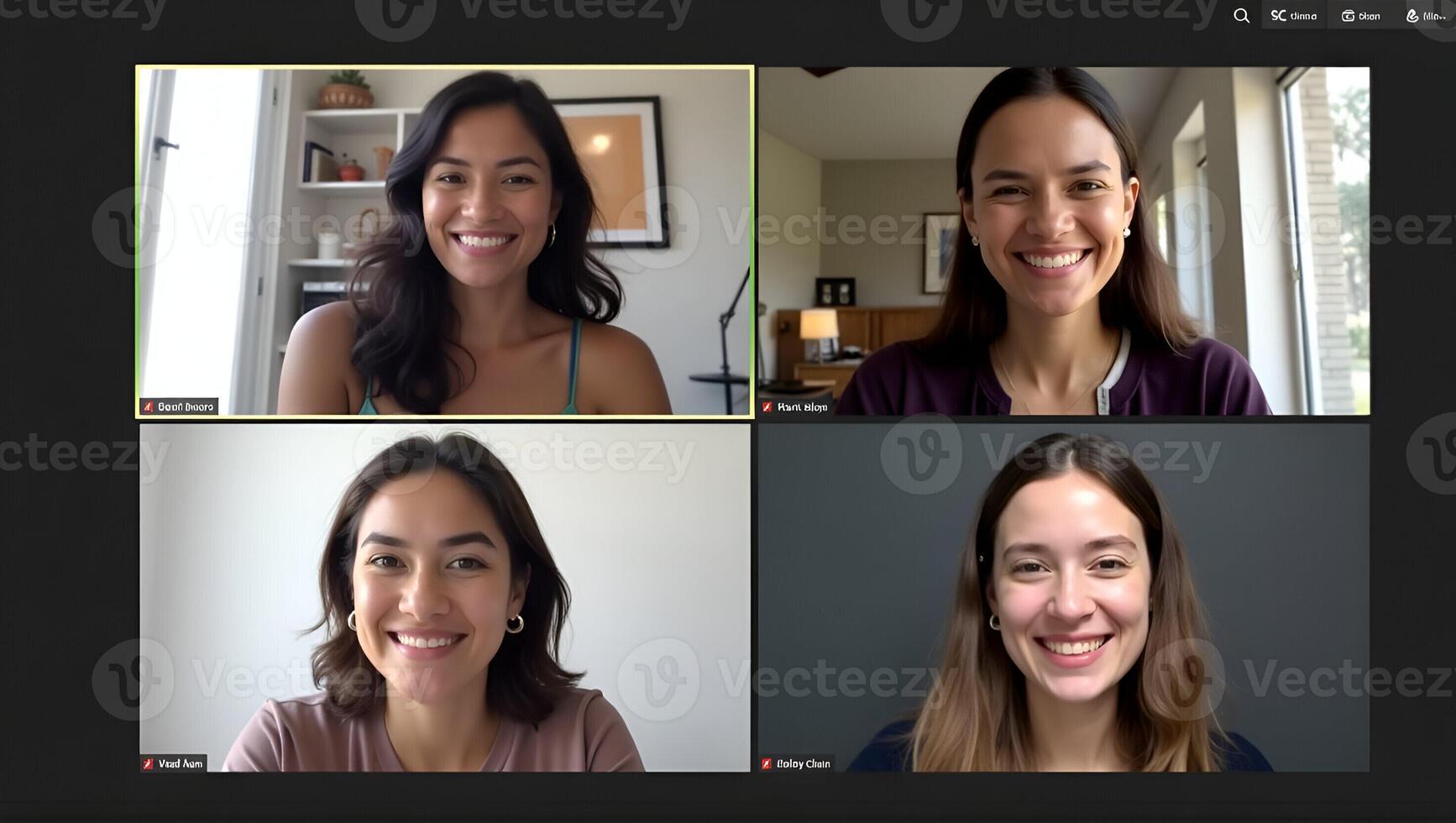 Four happy multicultural diverse friends young women talk during online virtual chat call in group conference social distance chat virtual meeting Computer videocall app mon Realistic Set 2 photo