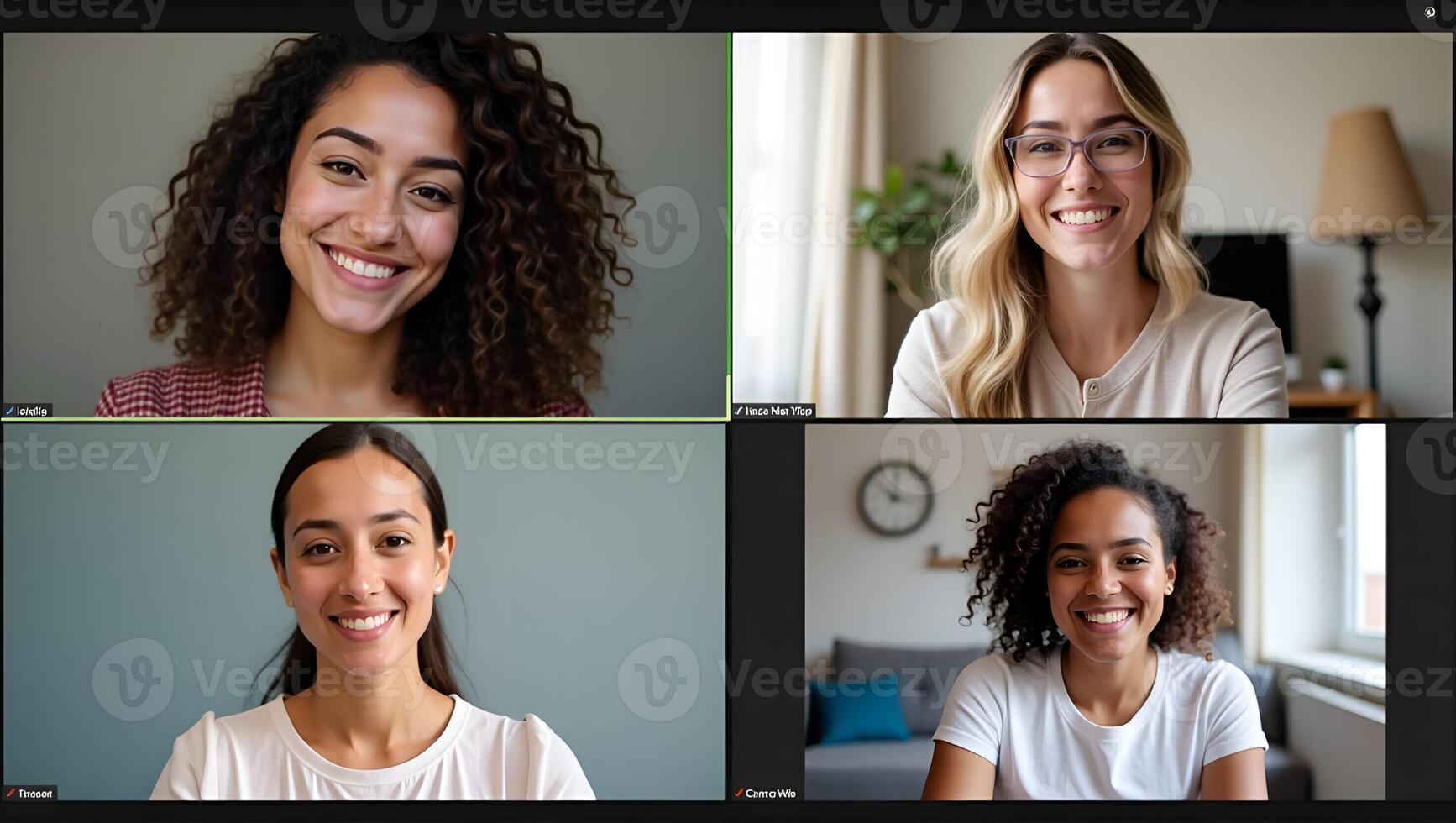 Four happy multicultural diverse friends young women talk during online virtual chat call in group conference practicing social distance virtual meeting via computer videocal Realistic Set 3 photo