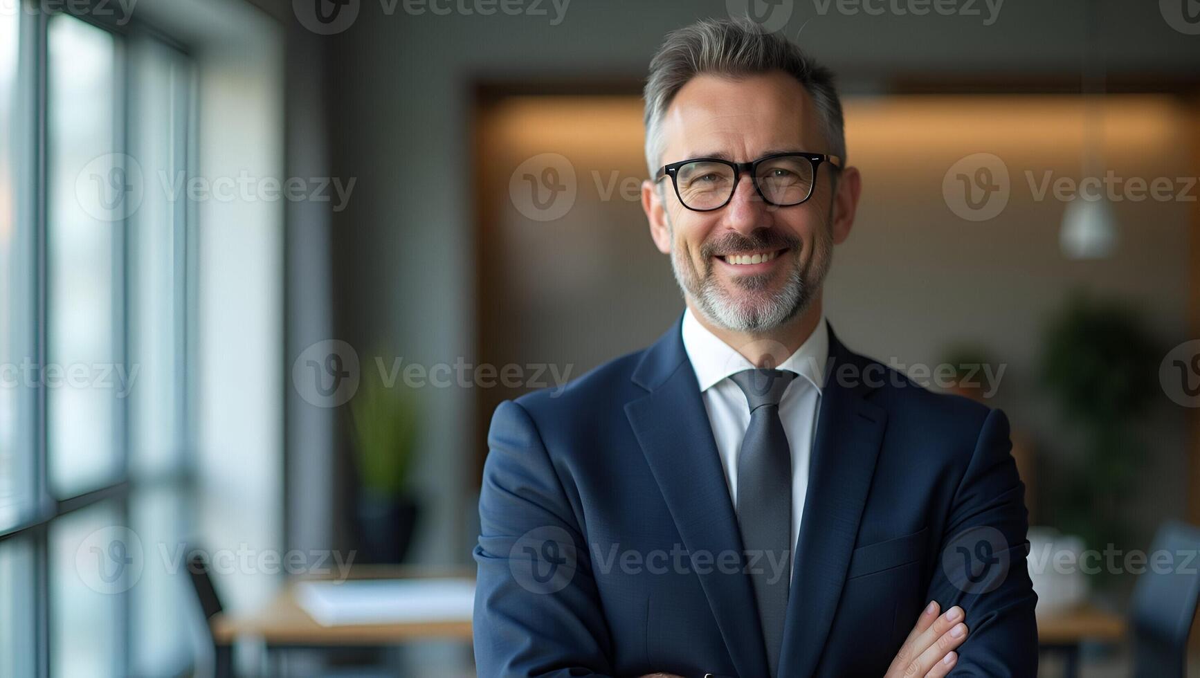 Flat Confident mature man stands in contemporary office representing seasoned leadership corporate management professional reliability concept as Older CEO smiles arms at sides st Realistic Set 4 photo
