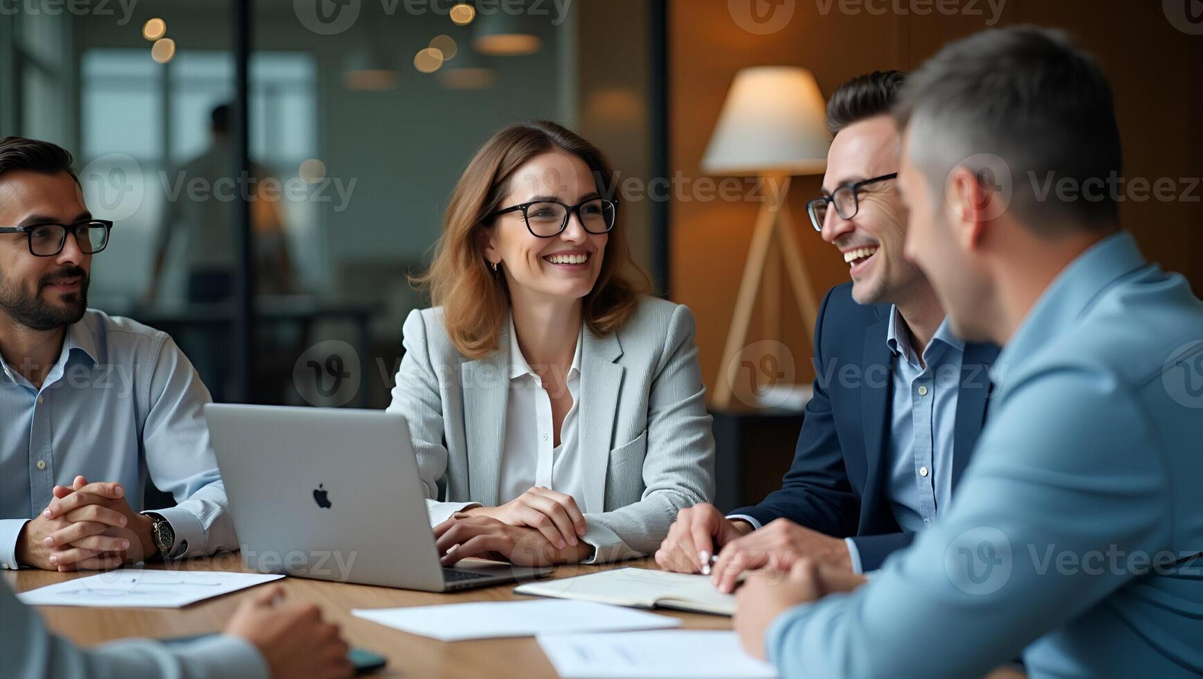 Mature older CEO businesswoman mentor in glasses negotiating growth business plan with diverse executive managers at boardroom meeting table using laptop multicultural team collabo Realistic Set photo