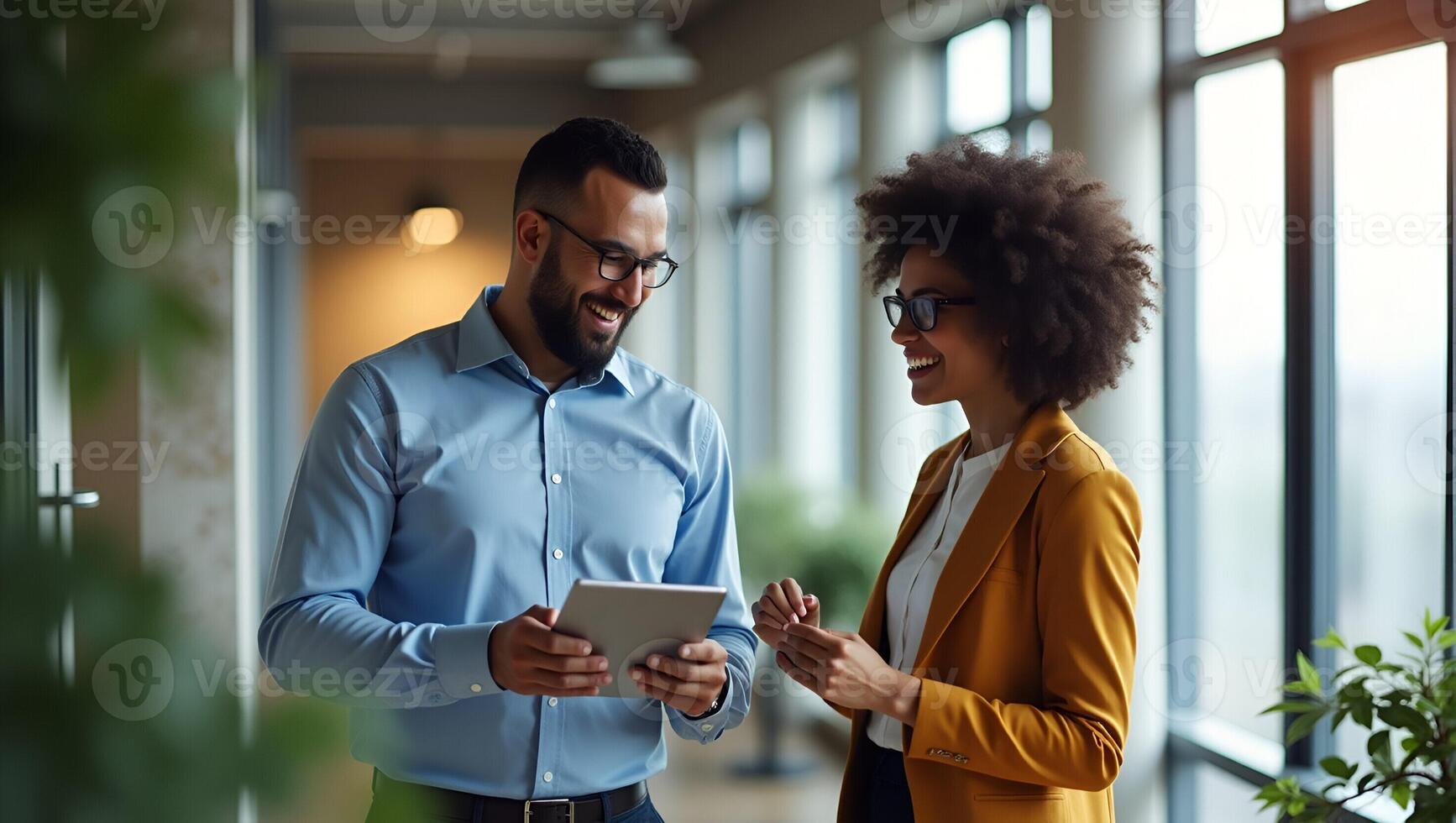 Flat Two diverse professionals standing in office with a digital tablet illustrating dynamic conversation strategic growth and positive synergy concept as Busy male executive chat Realistic Set 4 photo