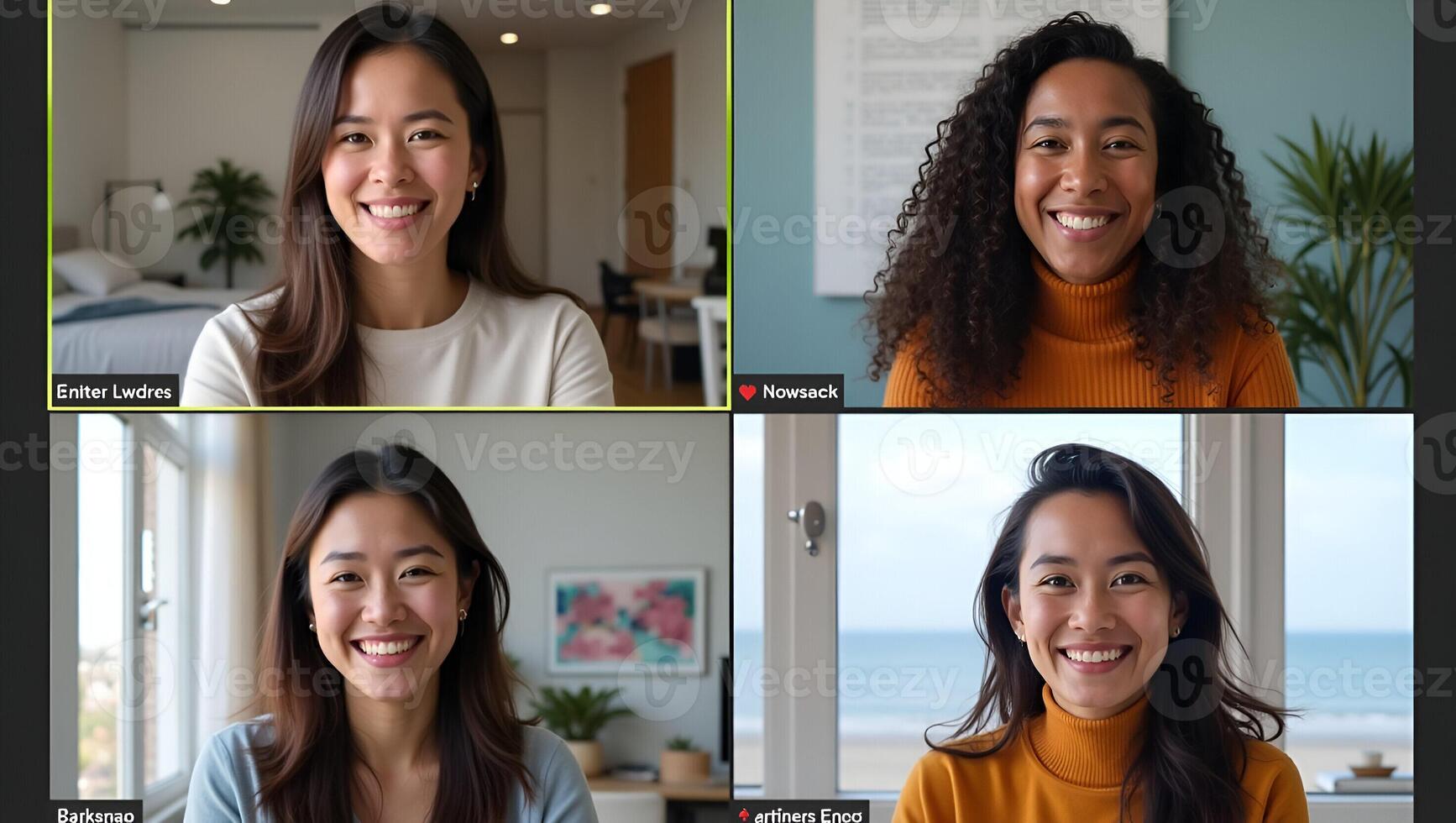 Four Happy Multicultural Friends Enjoying a Virtual Call Embracing Diversity and Social Distancing in Online Group Chats Stock Photo Concept with Space for Text Realistic Set 2