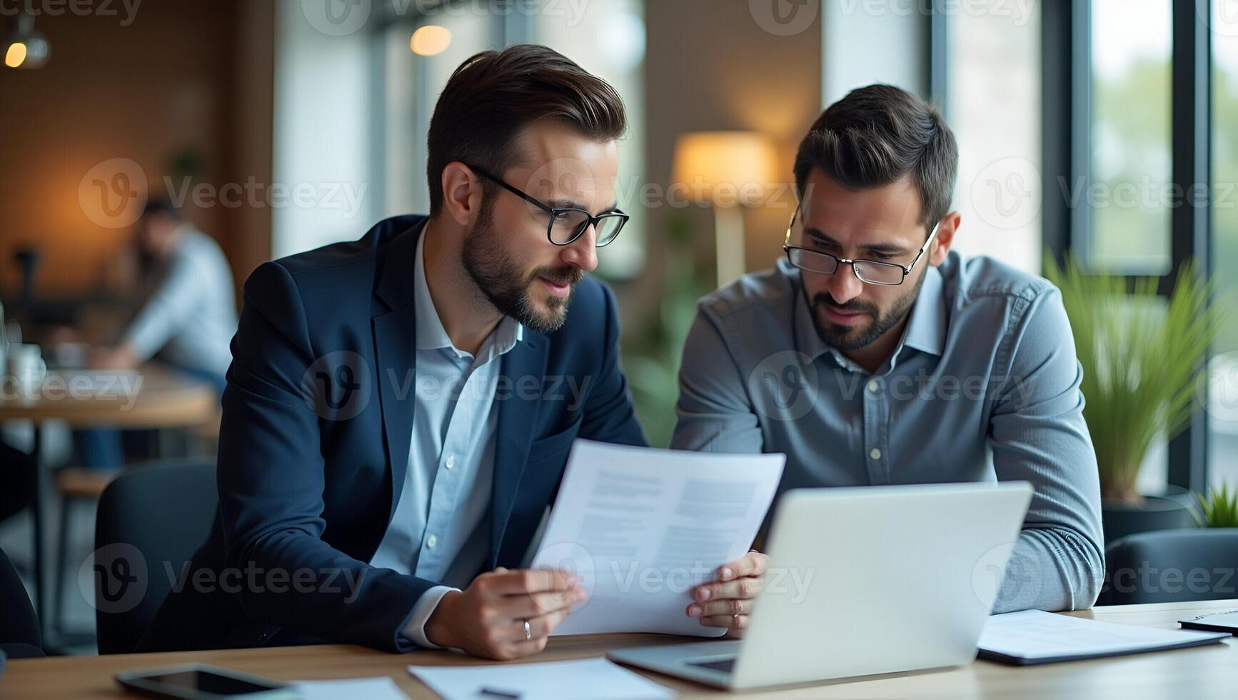 Focused Corporate Partners Collaborate on Financial Goals A Illustration of Strategic Alignment and Practical Synergy in Business Document Review Realistic Set photo
