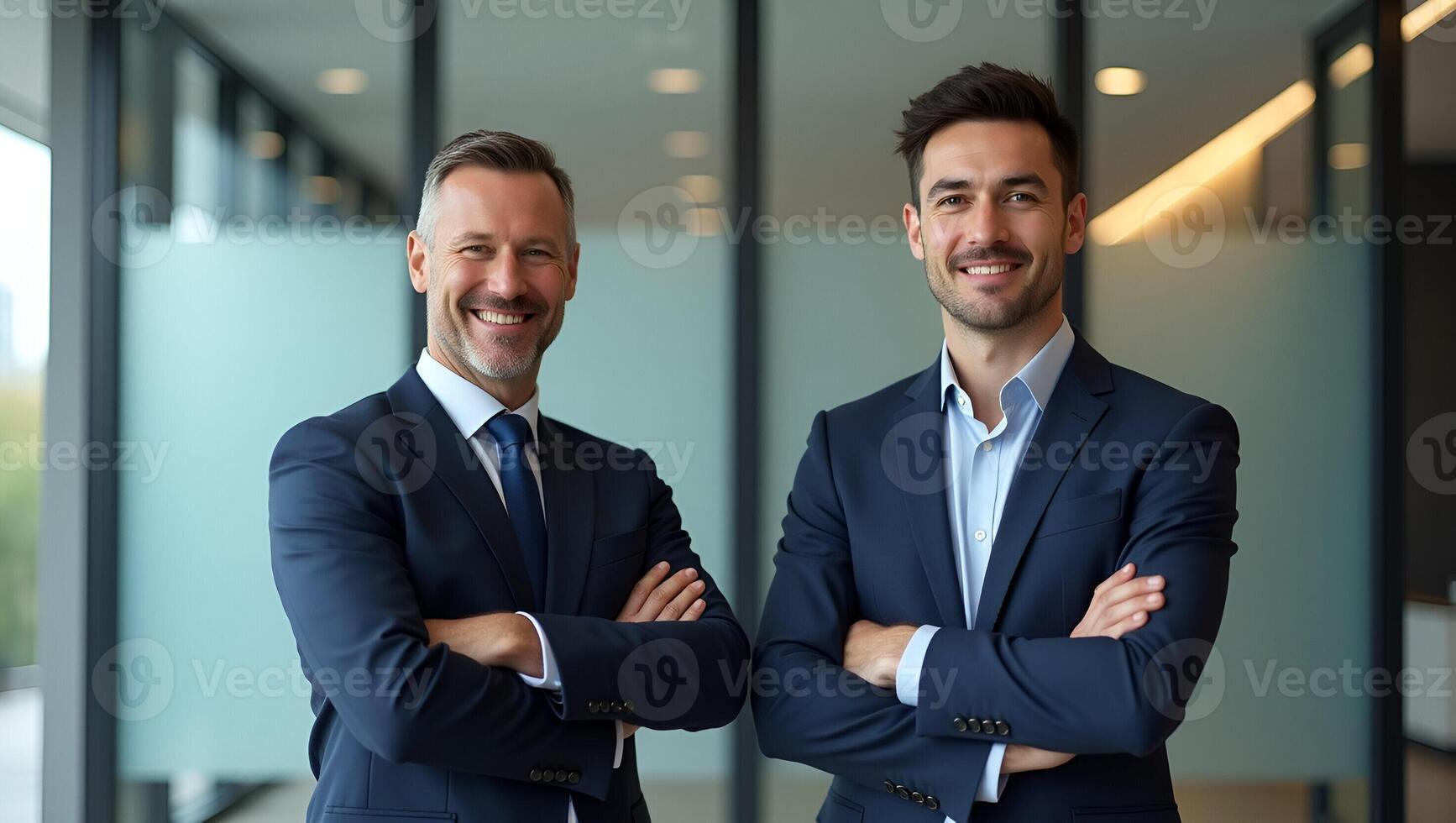 Flat Illustration of Two Confident Executive Partners in Modern Corporate Setting Symbolizing Leadership Synergy Professional Trust and Shared Vision for Business Growth Realistic Set photo