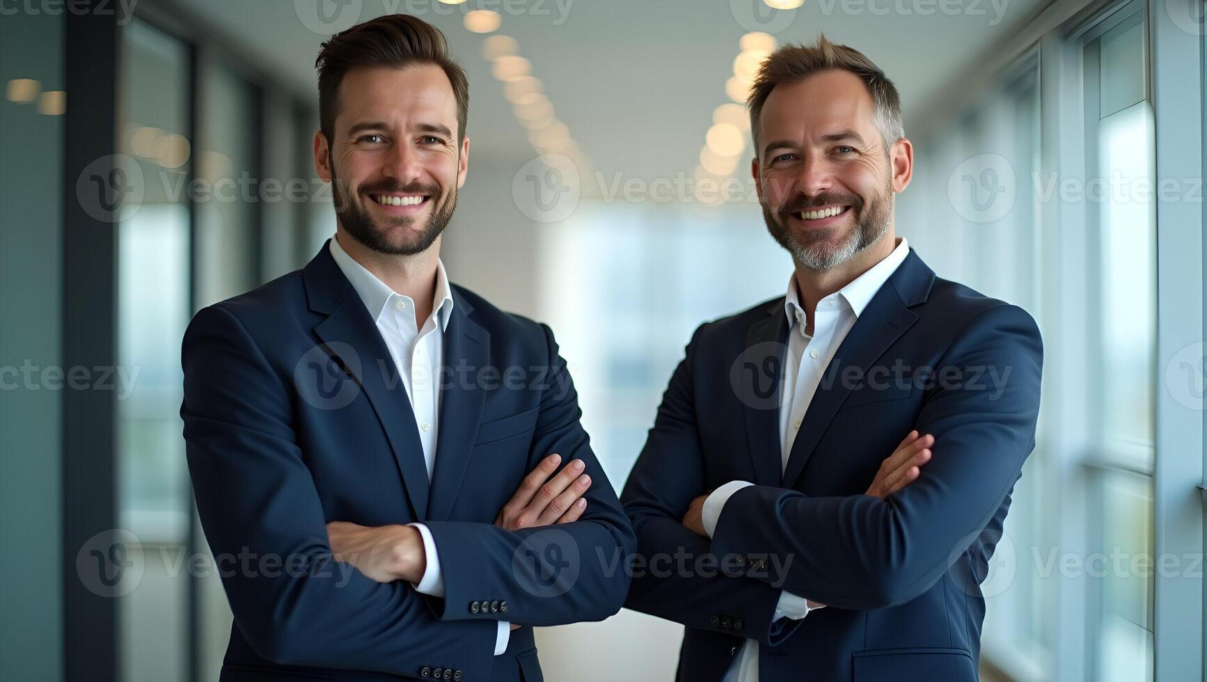 Flat Two confident executive partners standing arms crossed representing leadership synergy in modern corporate setting concept as Bright posture underscores success highlighting Realistic Set photo