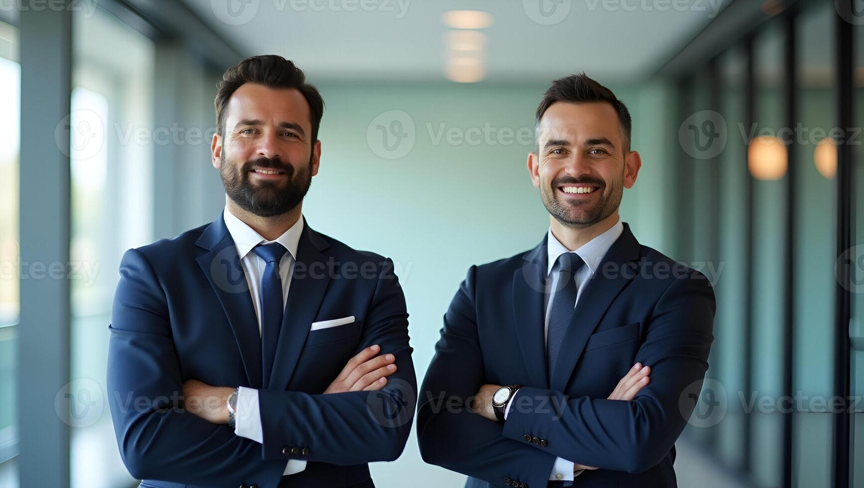 Flat Illustration of Two Confident Executive Partners in Modern Corporate Setting Symbolizing Leadership Synergy Professional Trust and Shared Vision for Business Growth Realistic Set 2 photo
