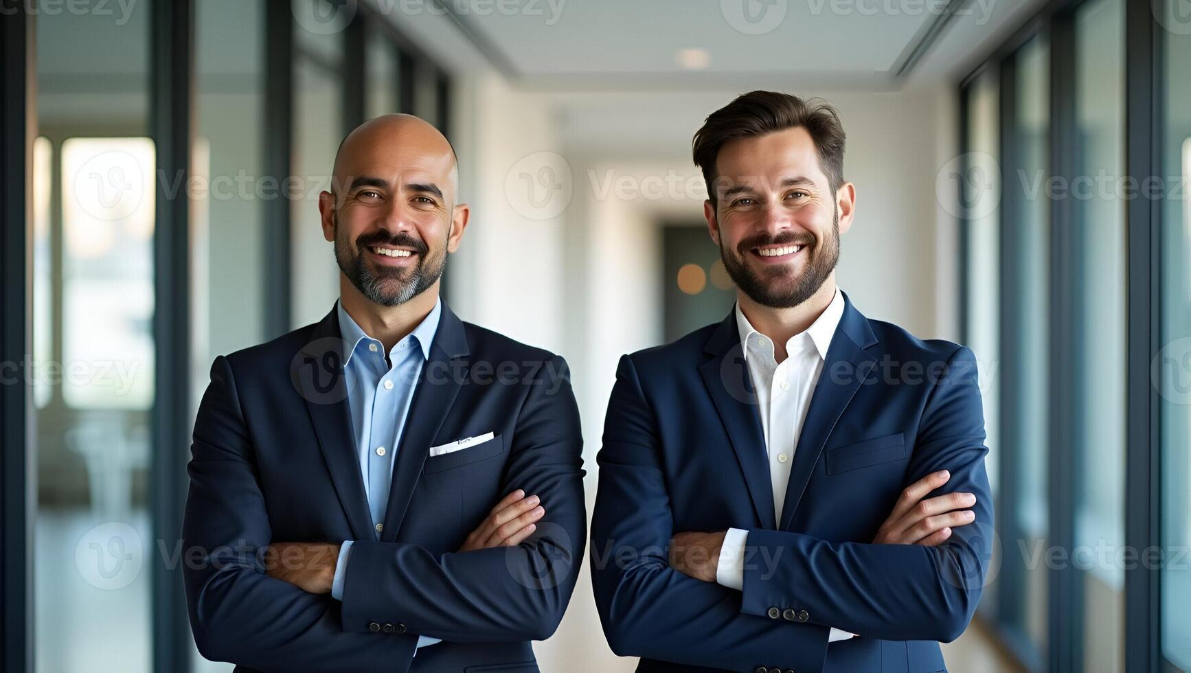 Flat Two confident executive partners standing arms crossed representing leadership synergy in modern corporate setting concept as Bright posture underscores success highlighting Realistic Set 3 photo