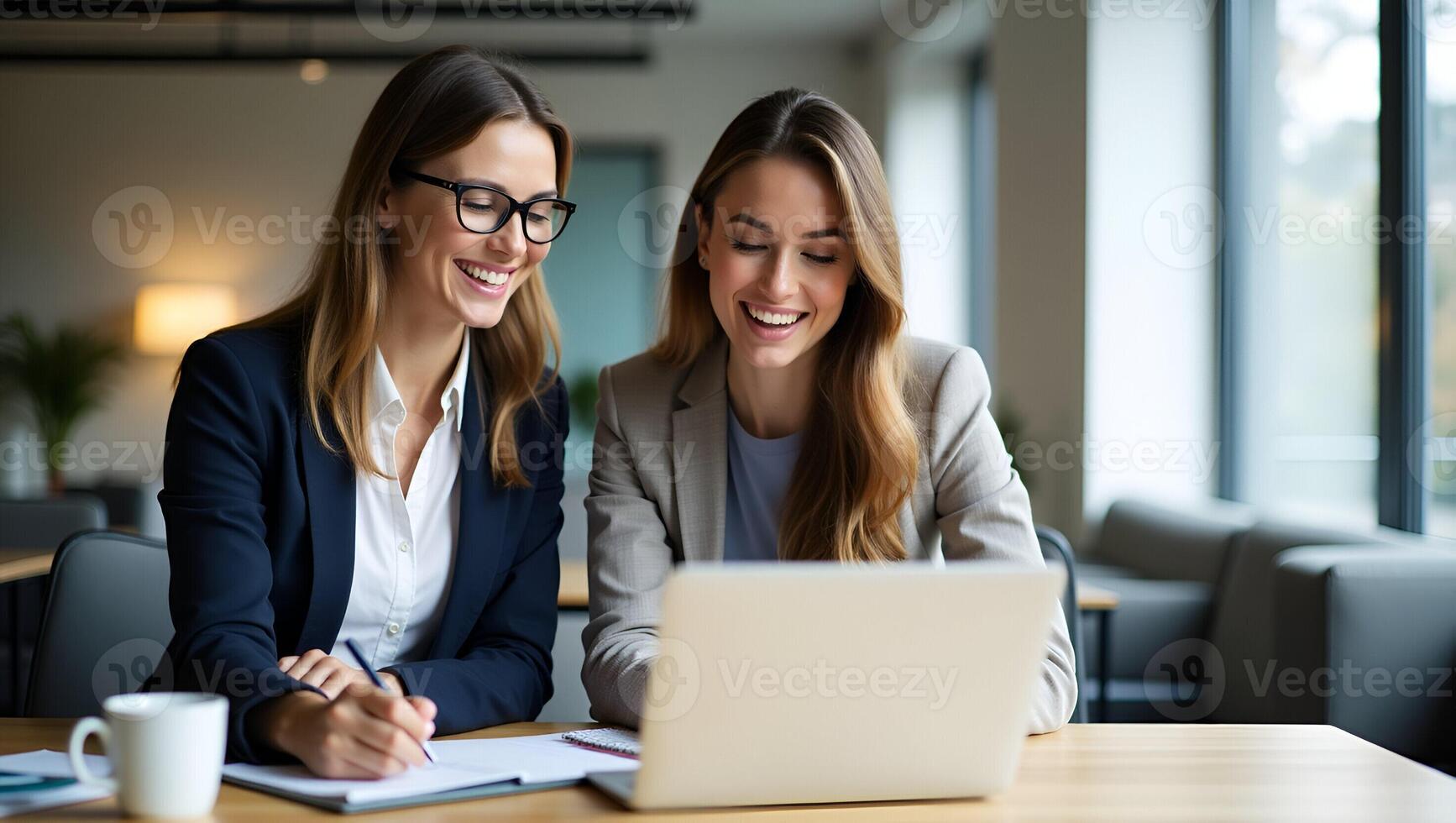 Flat Two smiling professional female partners happy businesswomen entrepreneurs collaborating at office desk using laptop writing notes concept as Smiling businesswomen collaborat Realistic Set 4 photo