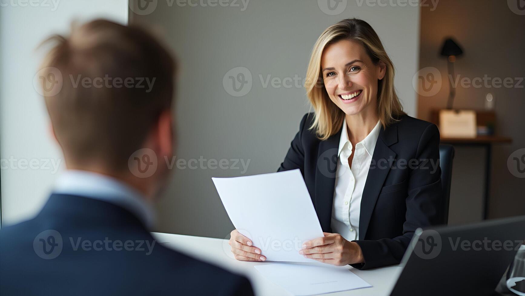 Flat Smiling mature business woman hr holding CV document at job interview Happy mid aged professional banking manager or lawyer consulting client sitting at workplace in corporat Realistic Set 4 photo
