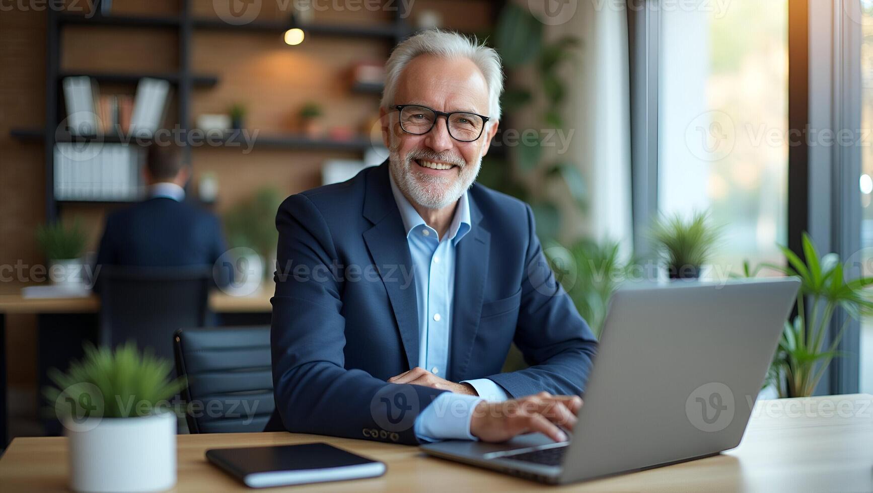 Flat Portrait of happy mid aged business man executive working on laptop in office Senior company manager investor using computer sitting at desk Smiling older professional busin Realistic Set 4 photo
