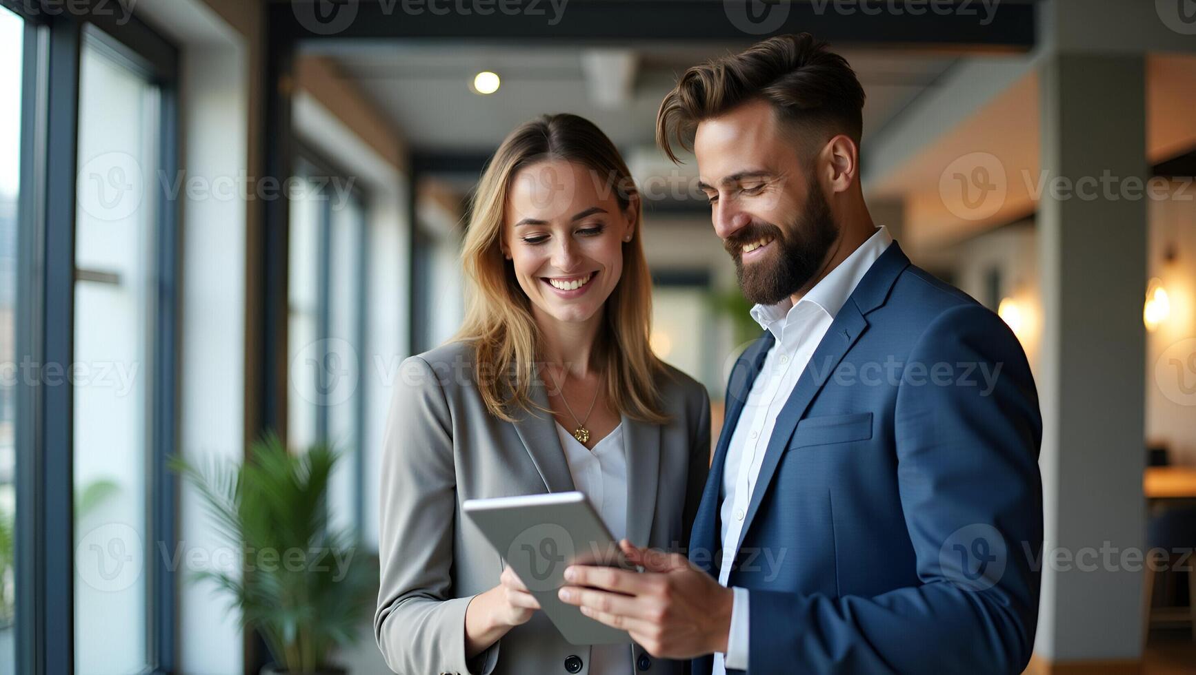 Flat Happy busy executive team people two company managers male and female partners entrepreneurs using tablet discussing company financial results working together standing in off Realistic Set photo