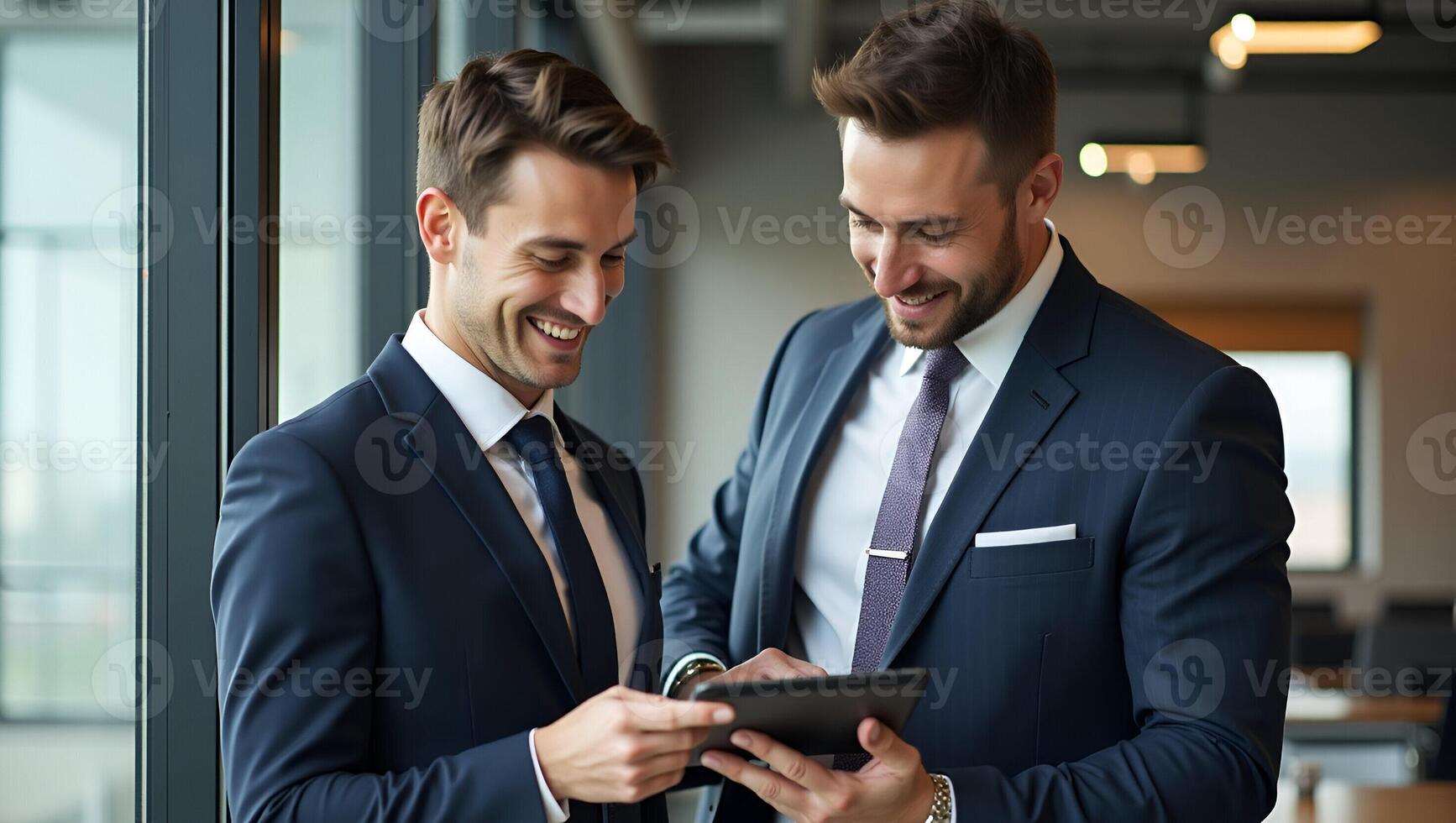 Flat Happy busy executive team people two company managers male and female partners entrepreneurs using tablet discussing company financial results working together standing in off Realistic Set 3 photo