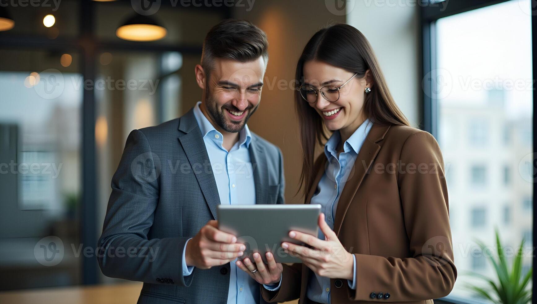 Flat Happy busy executive team people two company managers male and female partners entrepreneurs using tablet discussing company financial results working together standing in off Realistic Set 4 photo