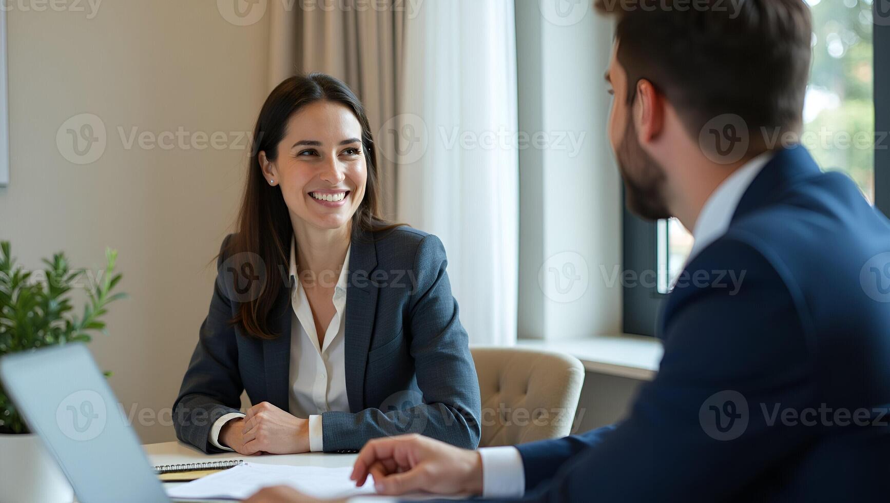 Flat Smiling professional female hr having job interview meeting with male recruit happy middle aged business woman financial advisor bank manager consulting client working in corp Realistic Set 4 photo