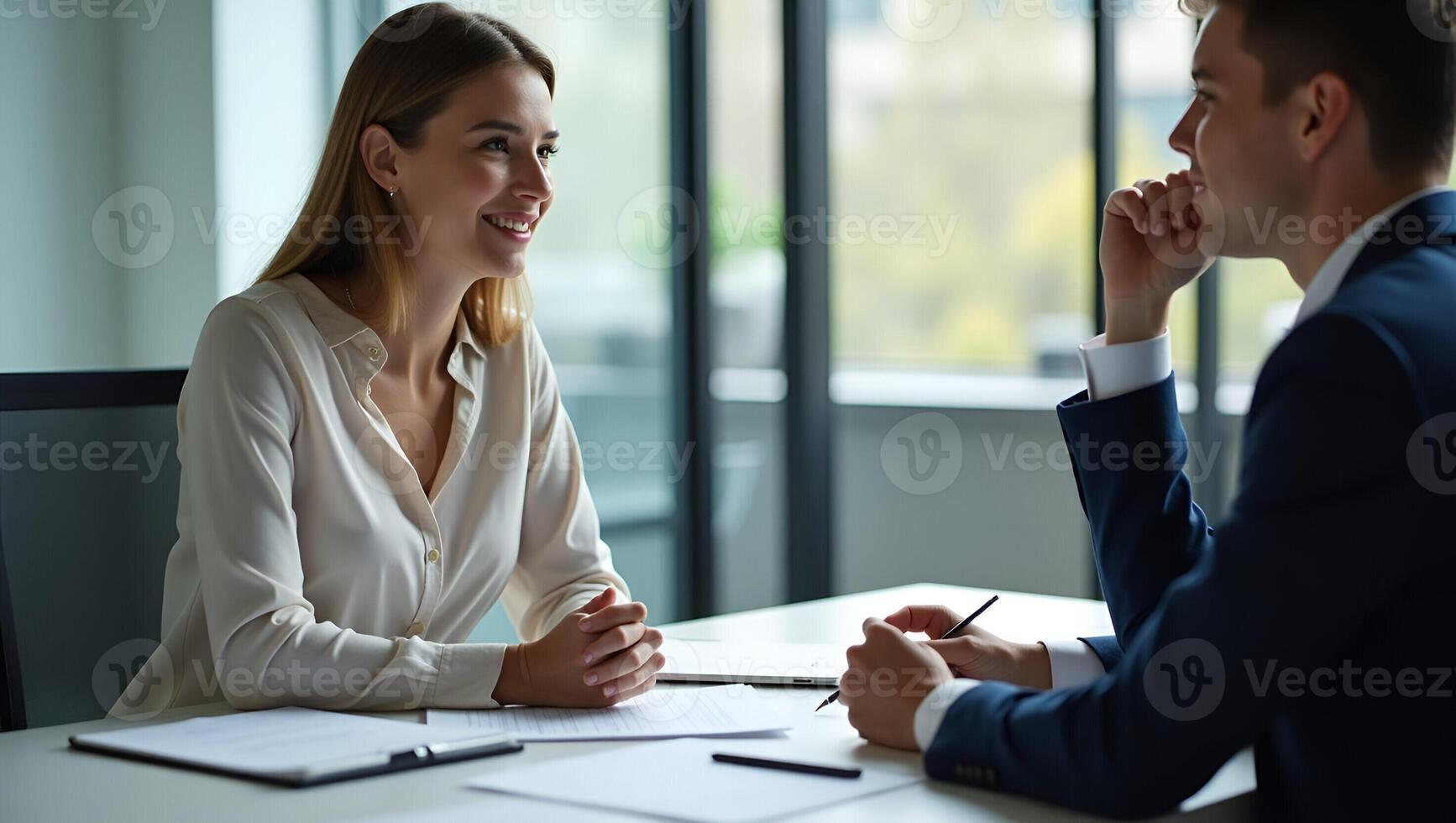 Flat Female Mentor and HR Manager Training Young Interns Interviewing Job Seekers in a Safe Office Meeting with Social Distancing Cute Illustration Realistic Set photo