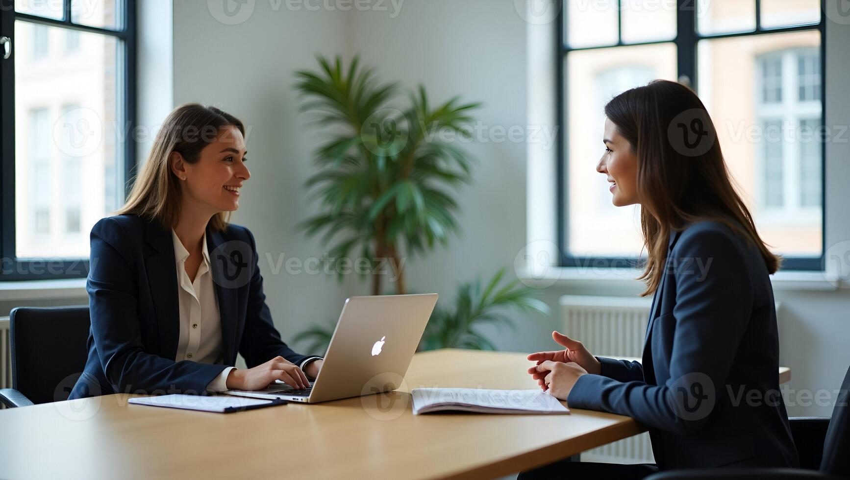 Flat Female Mentor and HR Manager Training Young Interns and Interviewing Job Seekers in a Safe Office Meeting Emphasizing Social Distancing and Workplace Safety in a Cute Realistic Set 2 photo