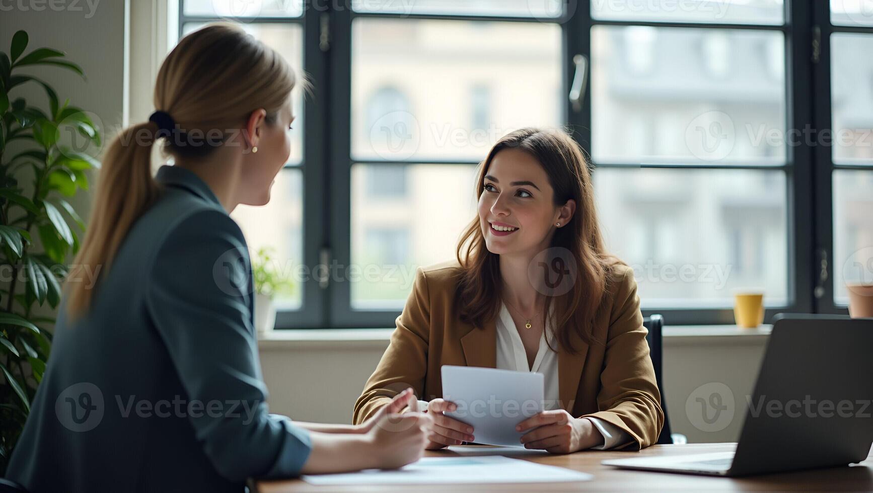 Flat Female Mentor and HR Manager Training Young Interns Interviewing Job Seekers in a Safe Office Meeting with Social Distancing Cute Illustration Realistic Set 2 photo
