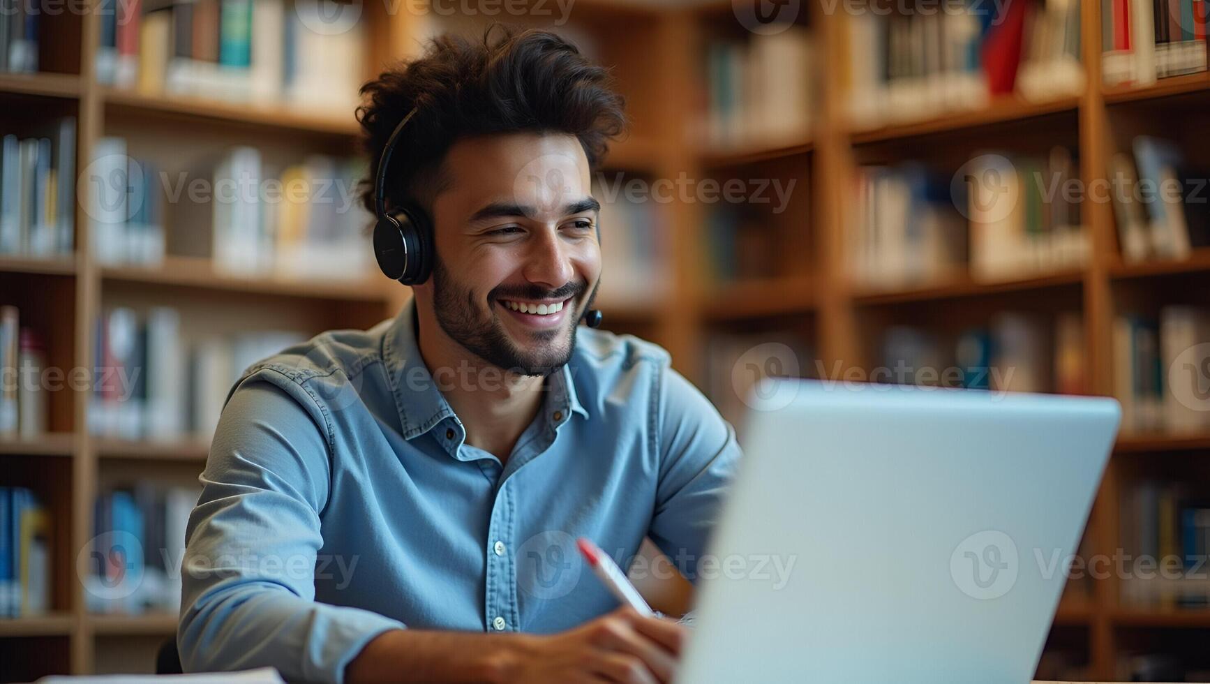 Flat Illustration of a Young Man in a Library with Wireless Headset Studying E Learning on Laptop Taking Notes and Attending Online Courses via Webinar Smart Business Co Realistic Set 2 photo