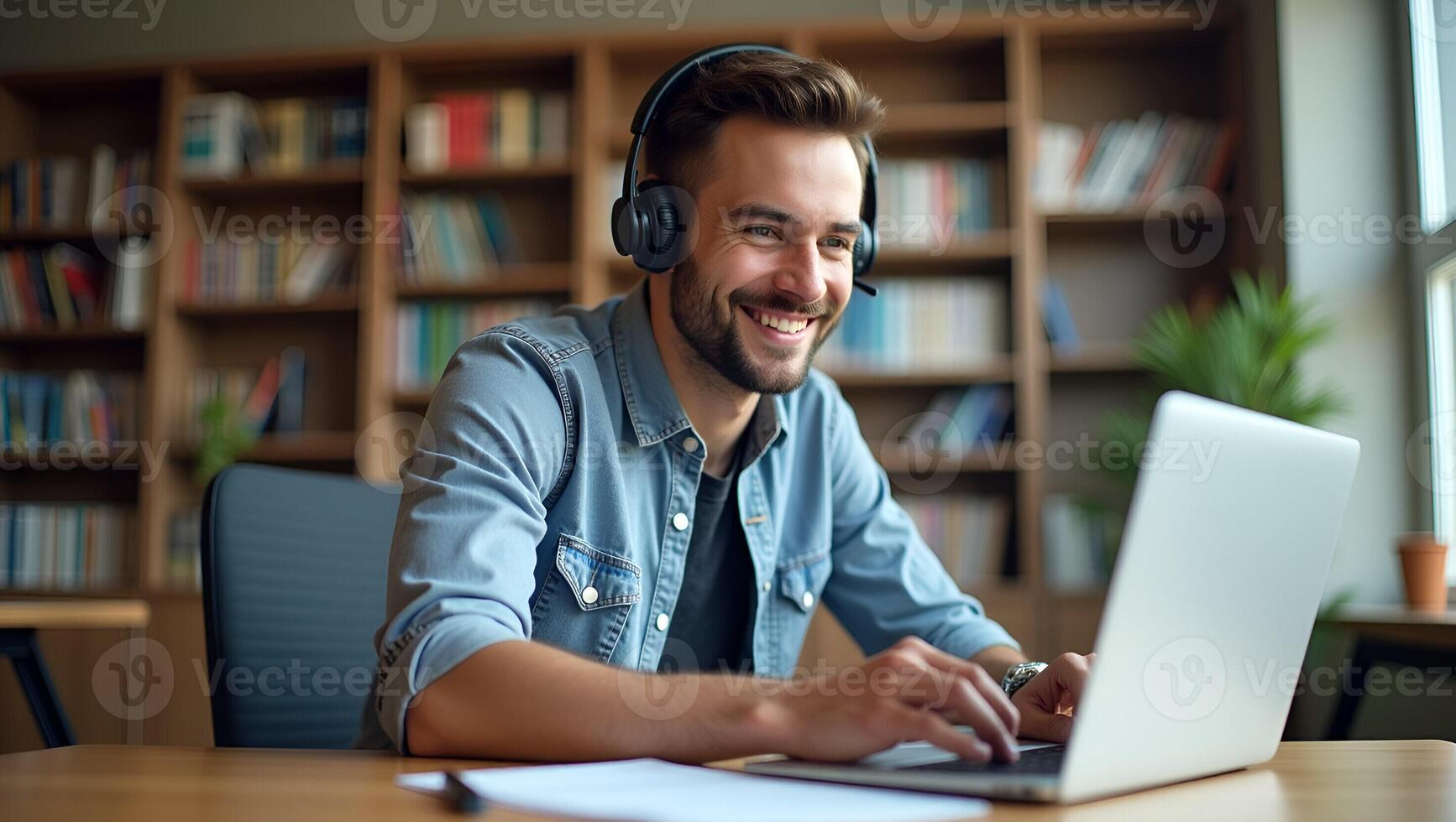 Flat Smiling young man with wireless headset studies e learning on laptop in library taking notes watching webinar online course concept as Young man in library with wireless heads Realistic Set 3 photo