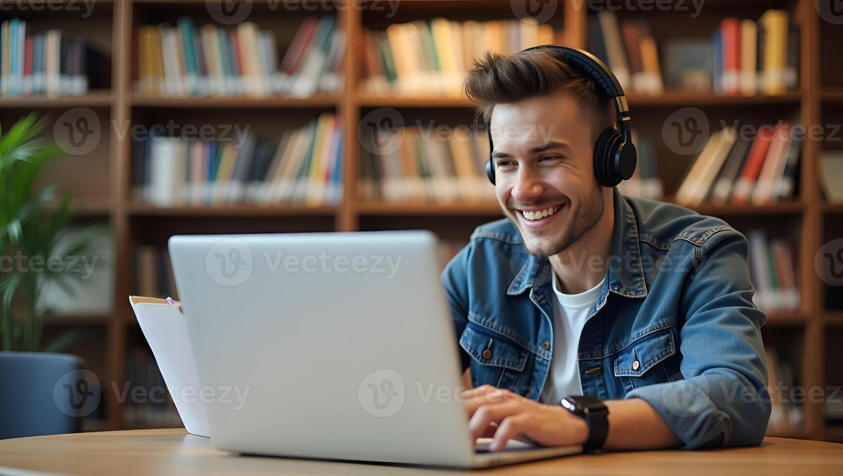 Flat Illustration of a Young Man in a Library with Wireless Headset Studying E Learning on Laptop Taking Notes and Attending Online Courses via Webinar Smart Business Co Realistic Set photo
