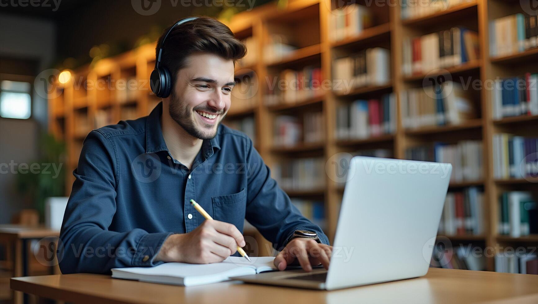 Flat Smiling young man with wireless headset studies e learning on laptop in library taking notes watching webinar online course concept as Young man in library with wireless heads Realistic Set 2 photo